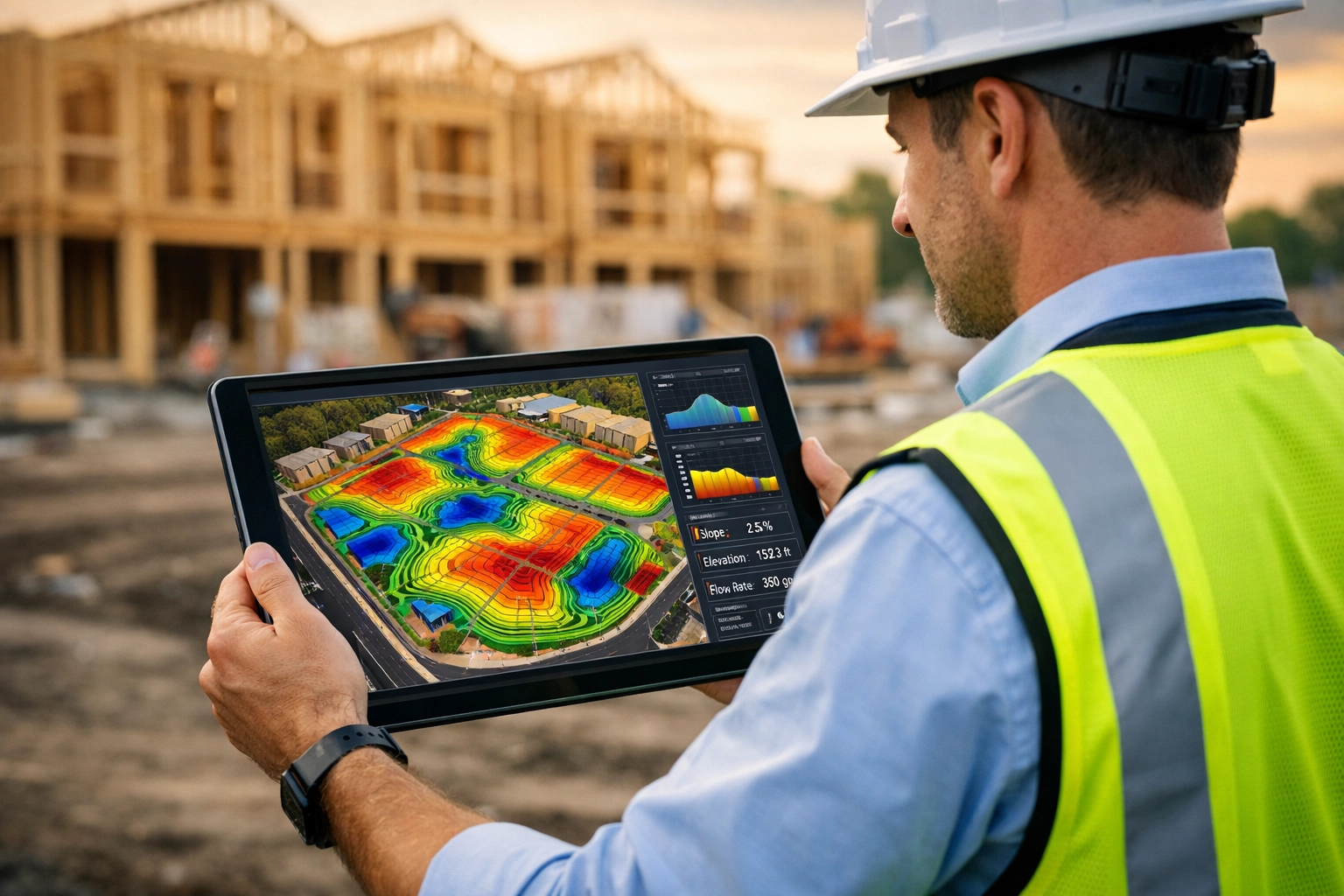 Civil engineer reviewing site grading and drainage models on a tablet at a townhouse construction site.
