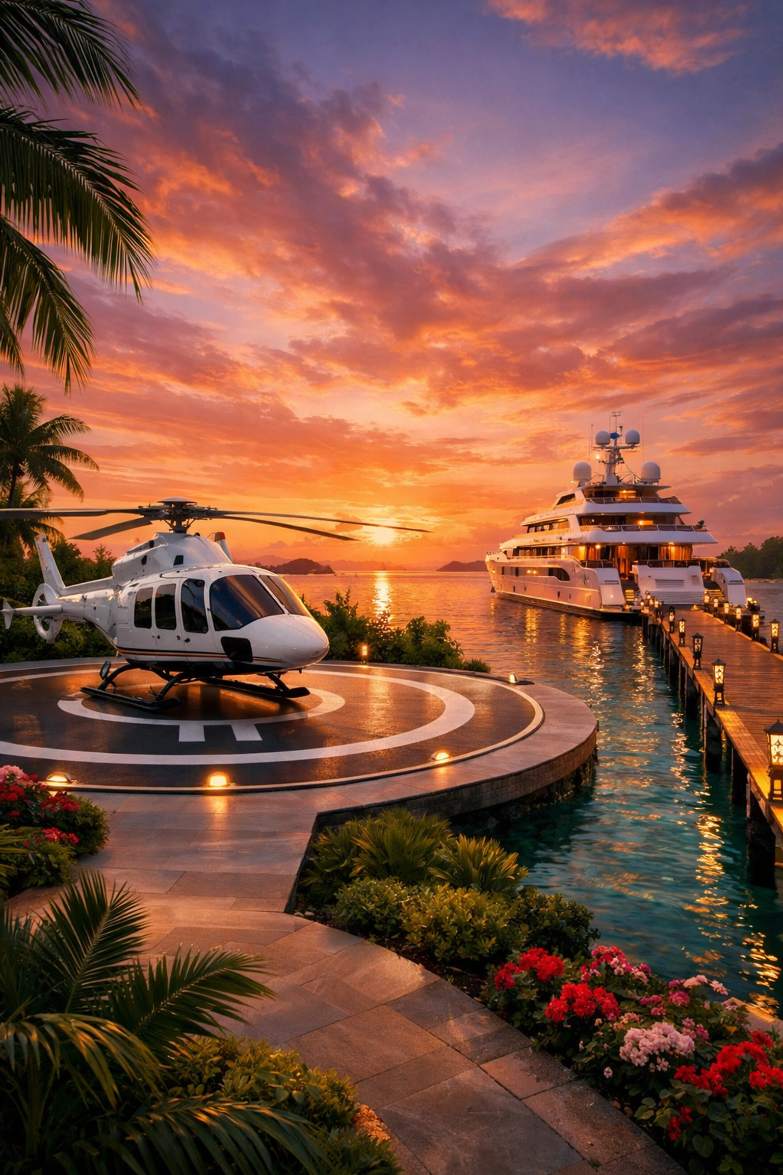 Private island helipad and yacht dock at sunset showcasing luxury transportation access