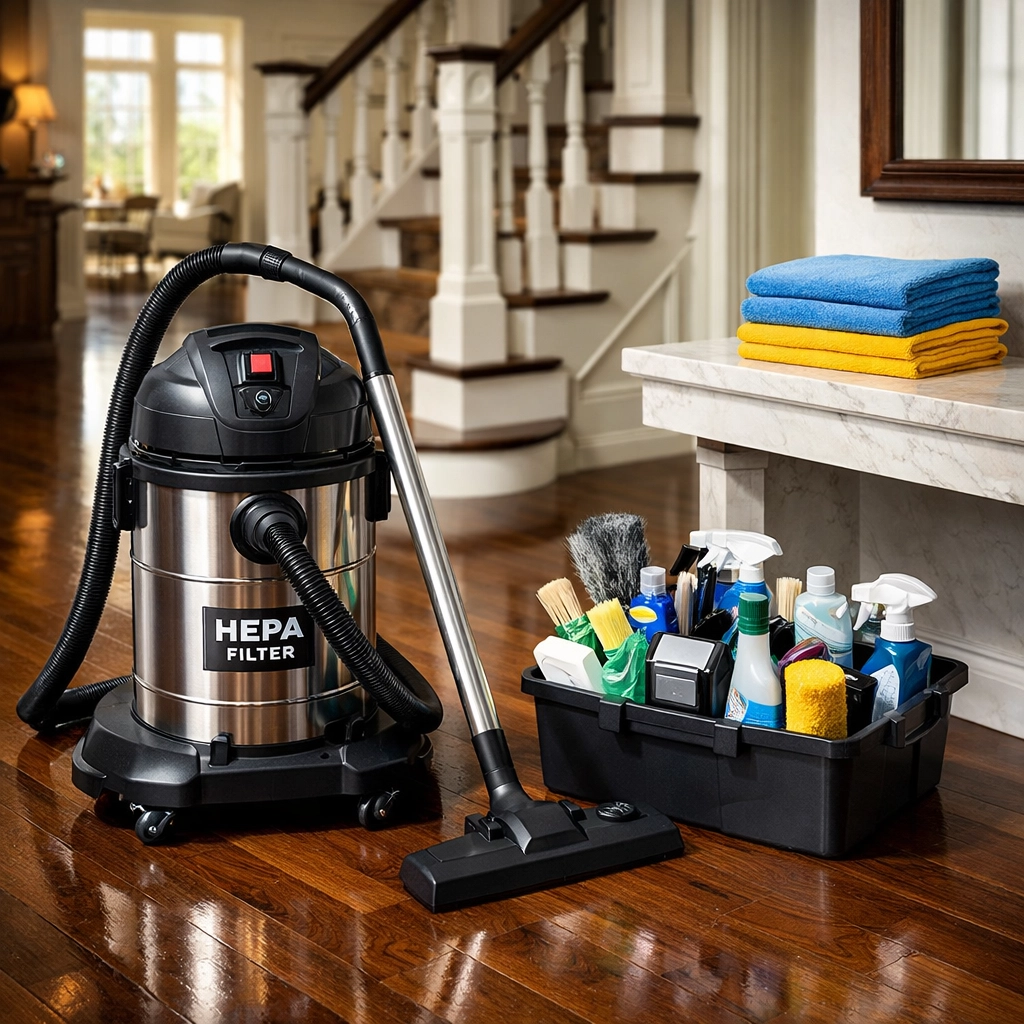 Industrial HEPA vacuum on hardwood floors during a post construction cleaning in Southborough MA.