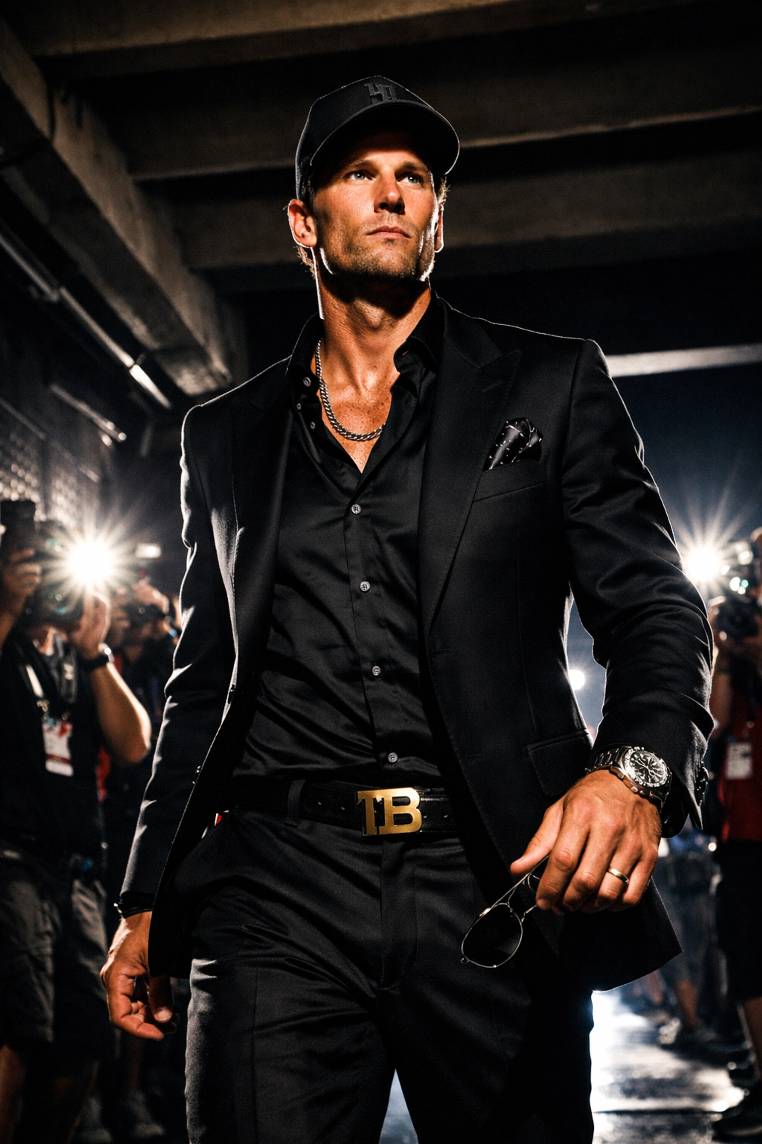 NFL quarterback walking through stadium tunnel in designer suit building personal brand before game