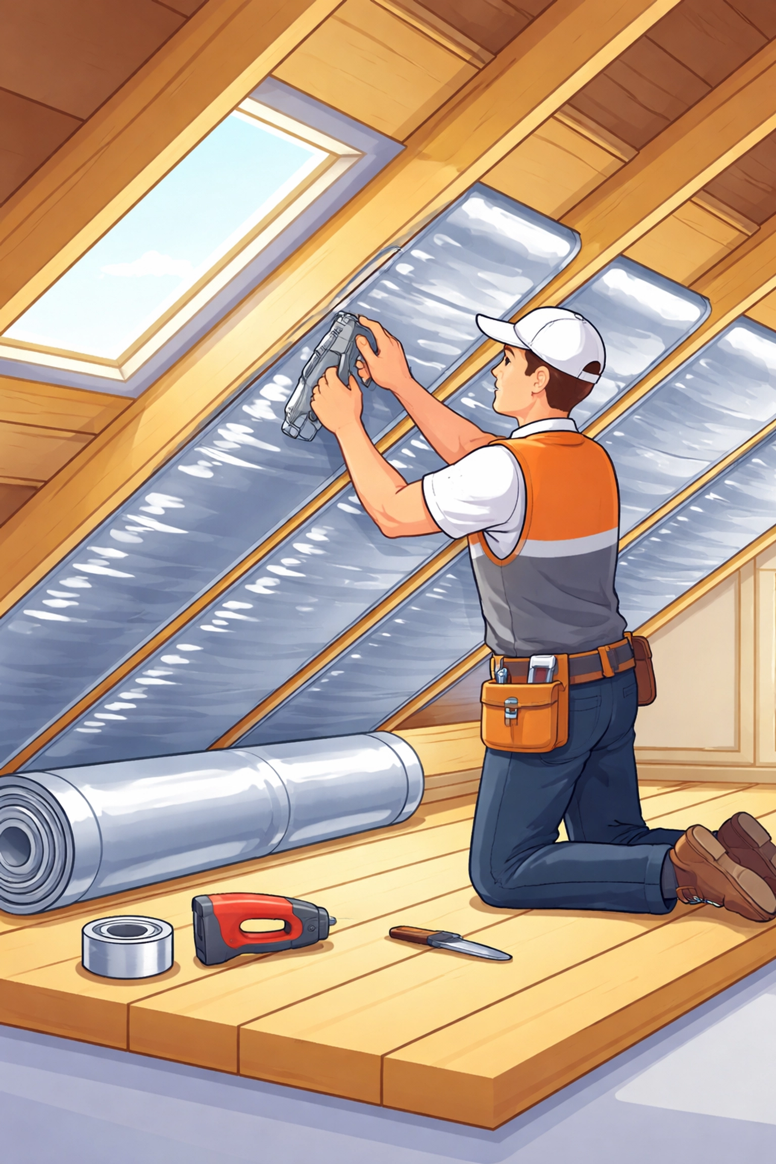Professional installing multifoil insulation on loft rafters, illustrating safe and efficient home insulation process.