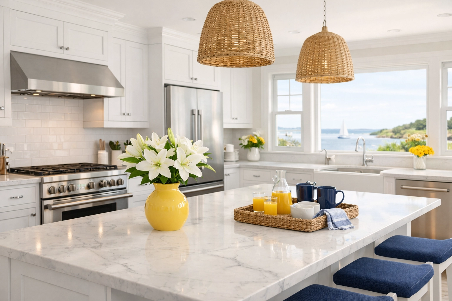 A spotless white gourmet kitchen in Hingham representing stress-free professional cleaning results.
