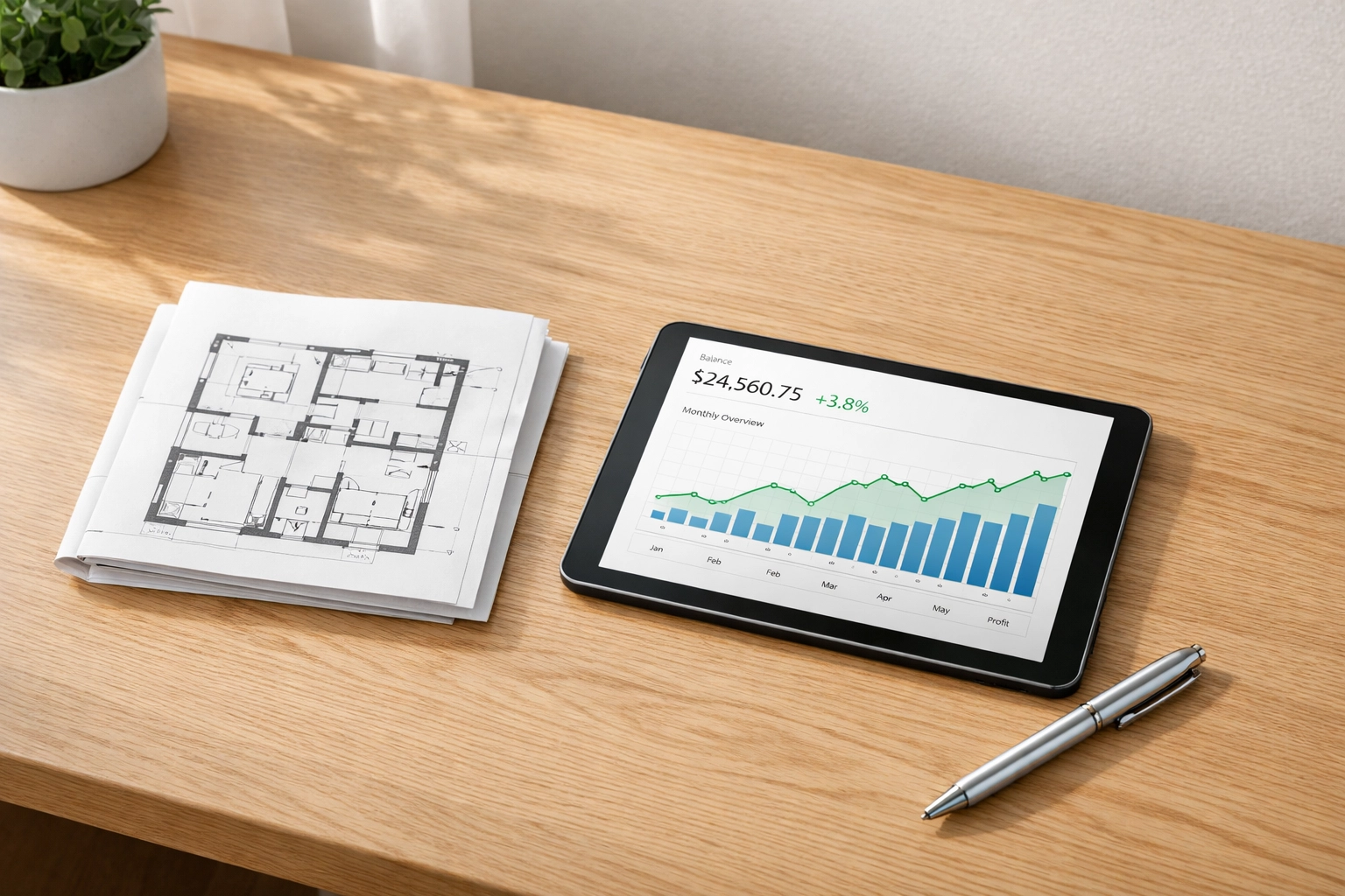 Planning a budget for home renovations in Red Deer with architectural floor plans and financial charts.