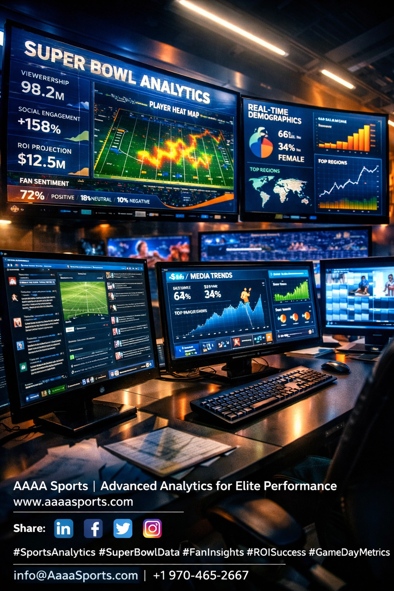 Sports analytics command center displaying real-time Super Bowl ROI data and fan sentiment metrics