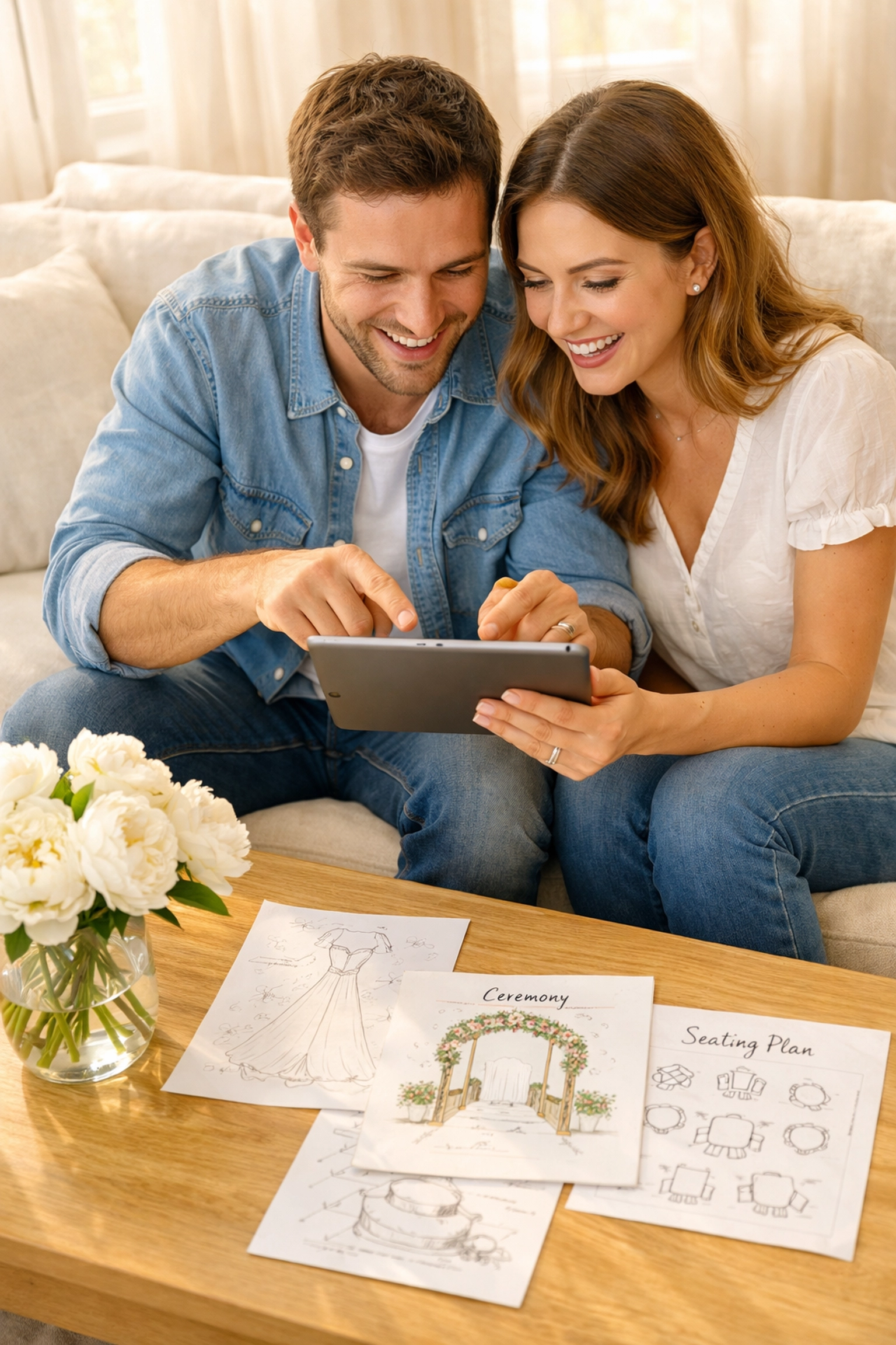 An engaged couple reviews wedding planning details on a tablet to avoid common budget mistakes.