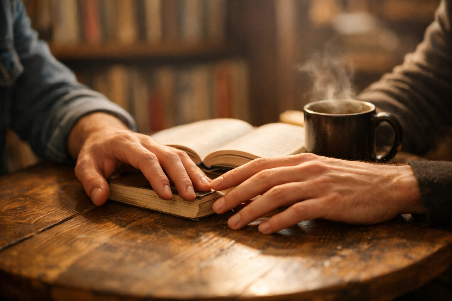 Two men in a cafe with hands near books, capturing the emotional tension of a slow burn MM romance story.
