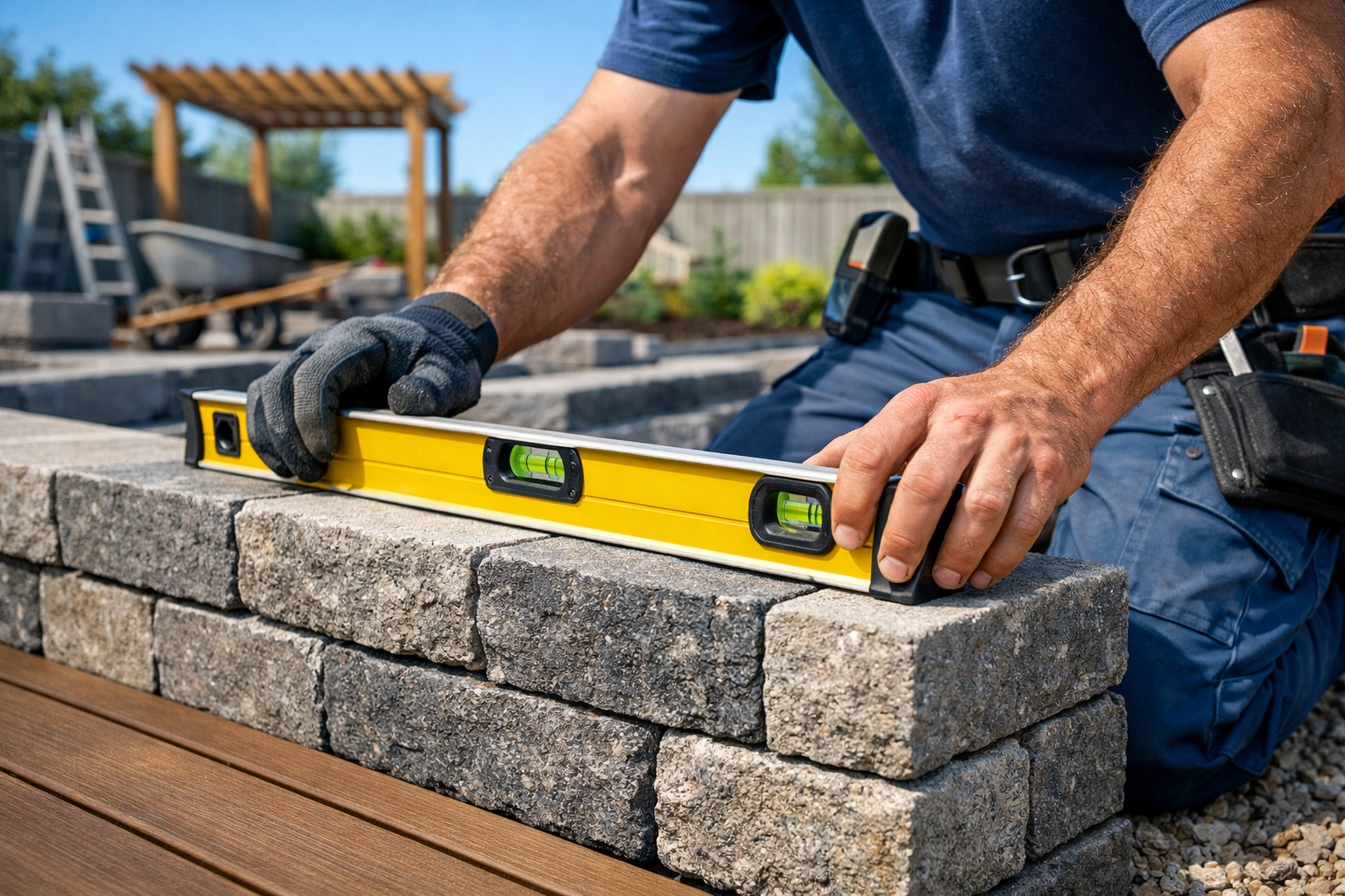 Professional contractor leveling a new deck installation during a Berks County home remodel.