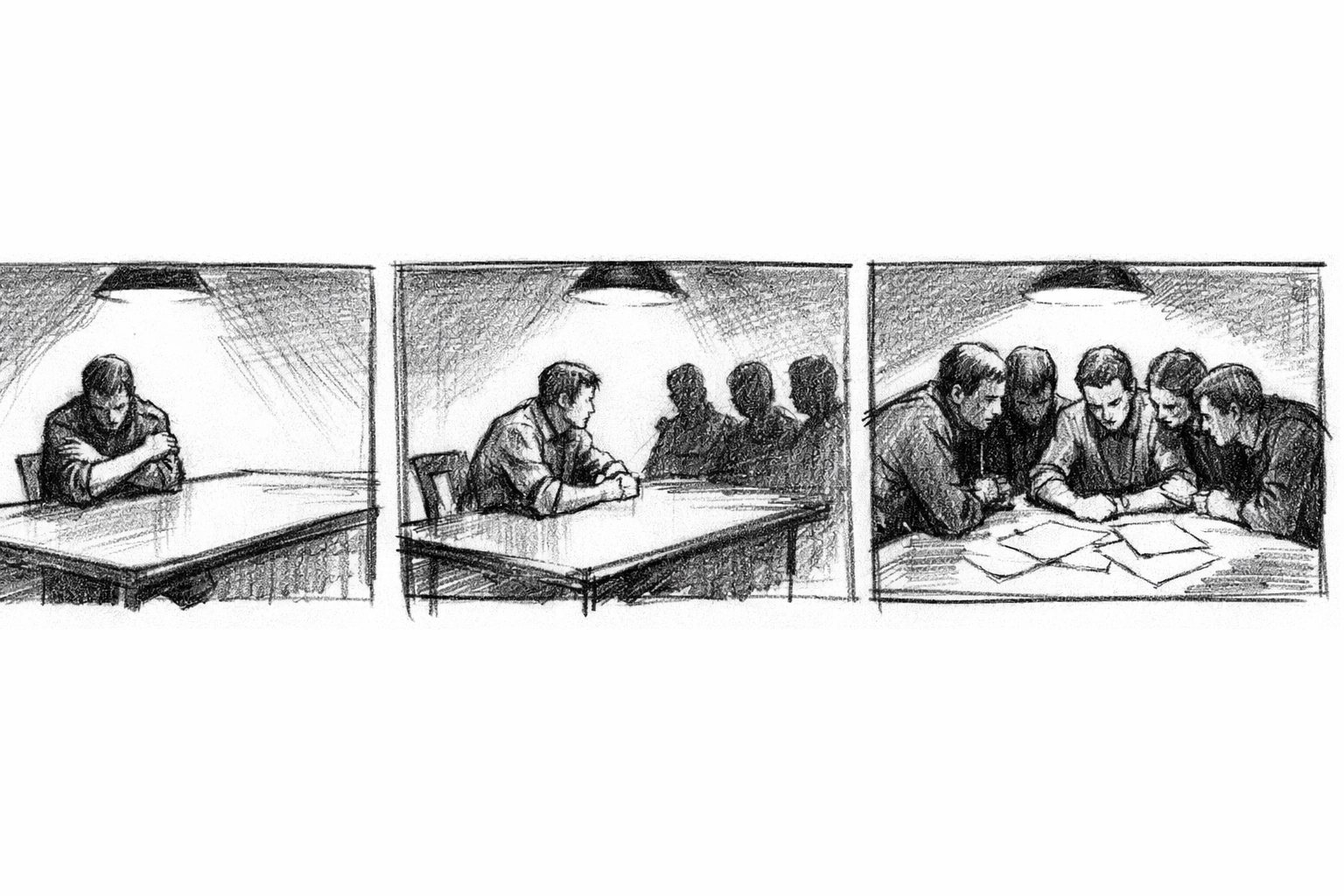 Three-panel sketch showing transformation from defensive notes session to collaborative creative development room