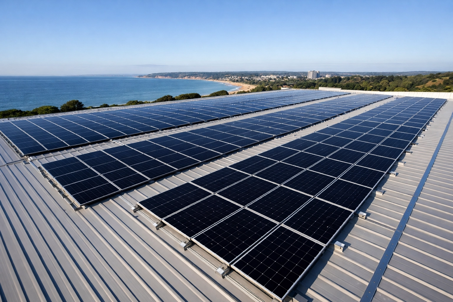Large-scale business solar power installation on a warehouse roof in Bournemouth.