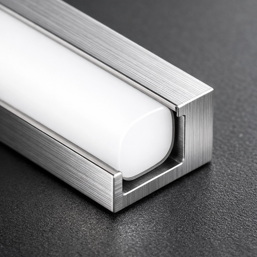 Brushed aluminum LED channel with an opal diffuser lens providing uniform dot-free lighting.