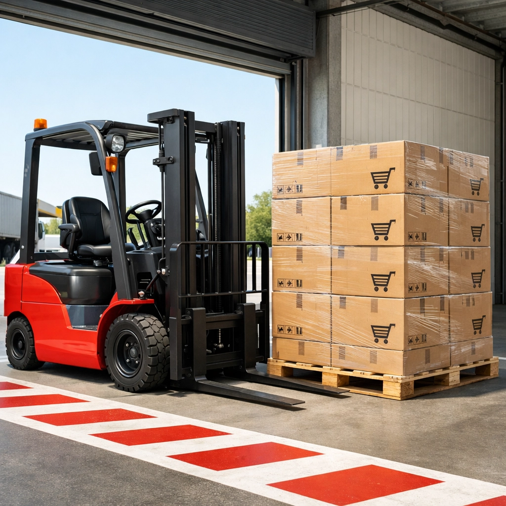 Red industrial forklift moving e-commerce inventory in a spacious Hertford warehouse loading bay.