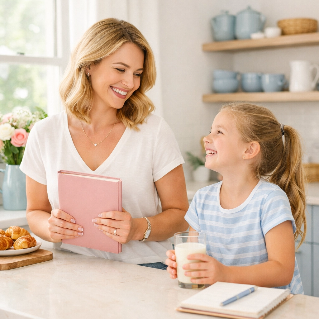 A mother holding a business planner while enjoying a stress-free moment with her daughter in a bright kitchen.