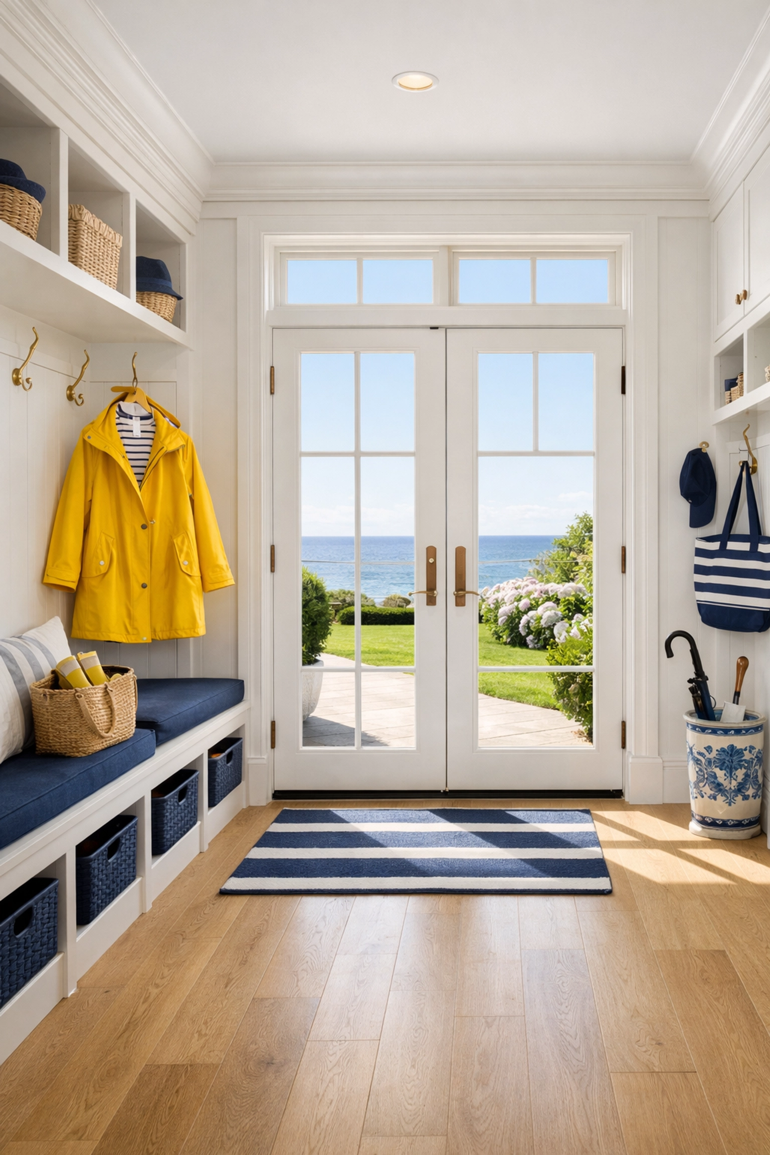 Spotless luxury mudroom in Manchester-by-the-Sea showing protected white oak floors and coastal views.
