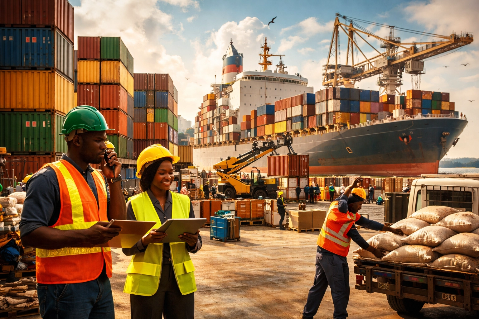 Busy international port with shipping containers and logistics workers coordinating global freight operations