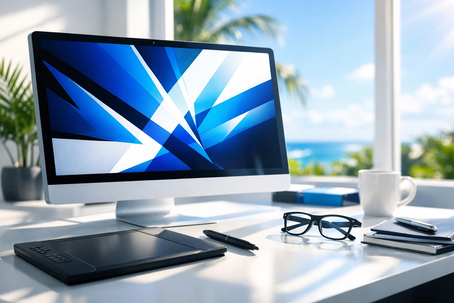 Modern graphic design workspace in Kona showing a high-resolution professional banner layout on a monitor.