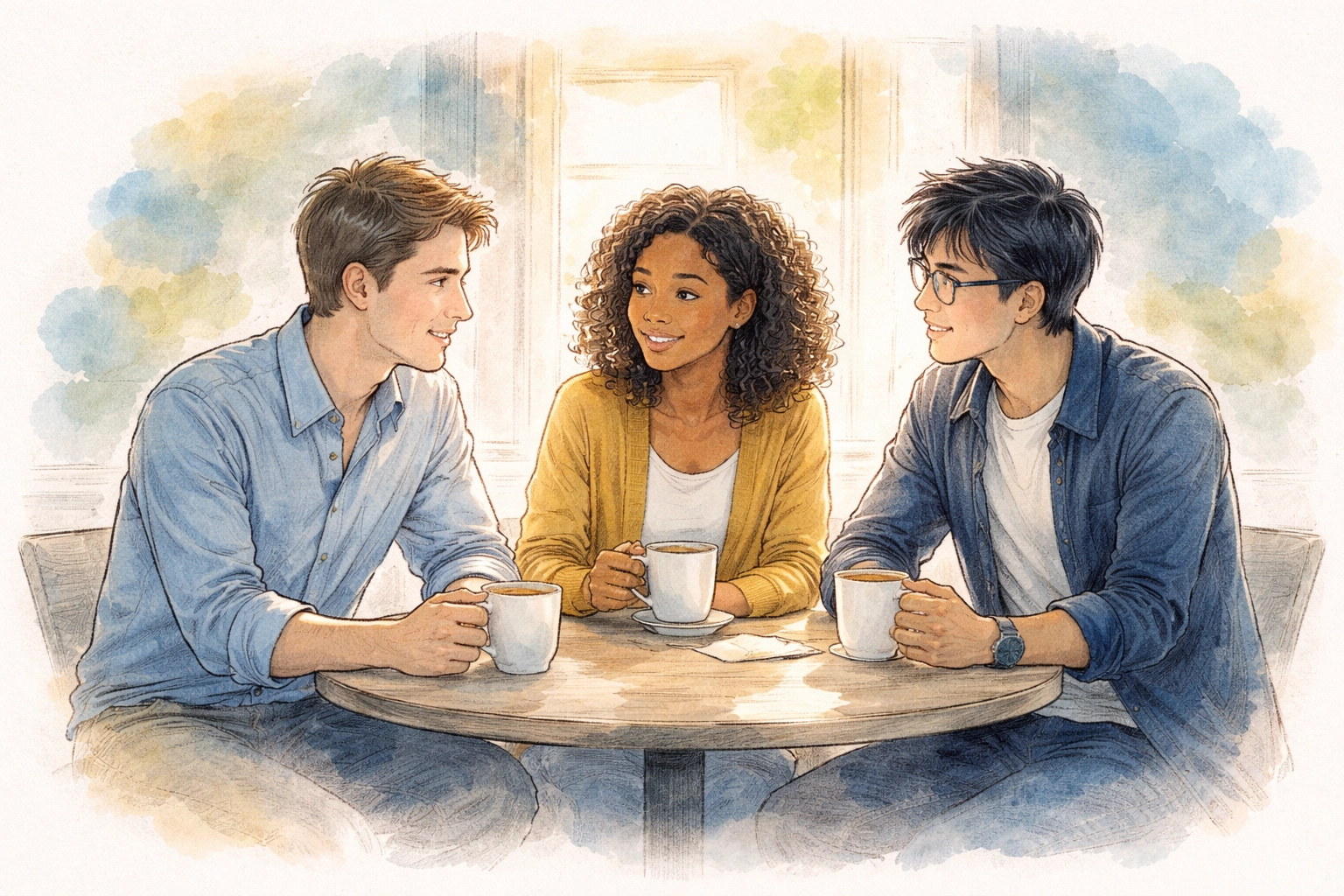 Young professionals sharing coffee and conversation at a café, building authentic Christian community.