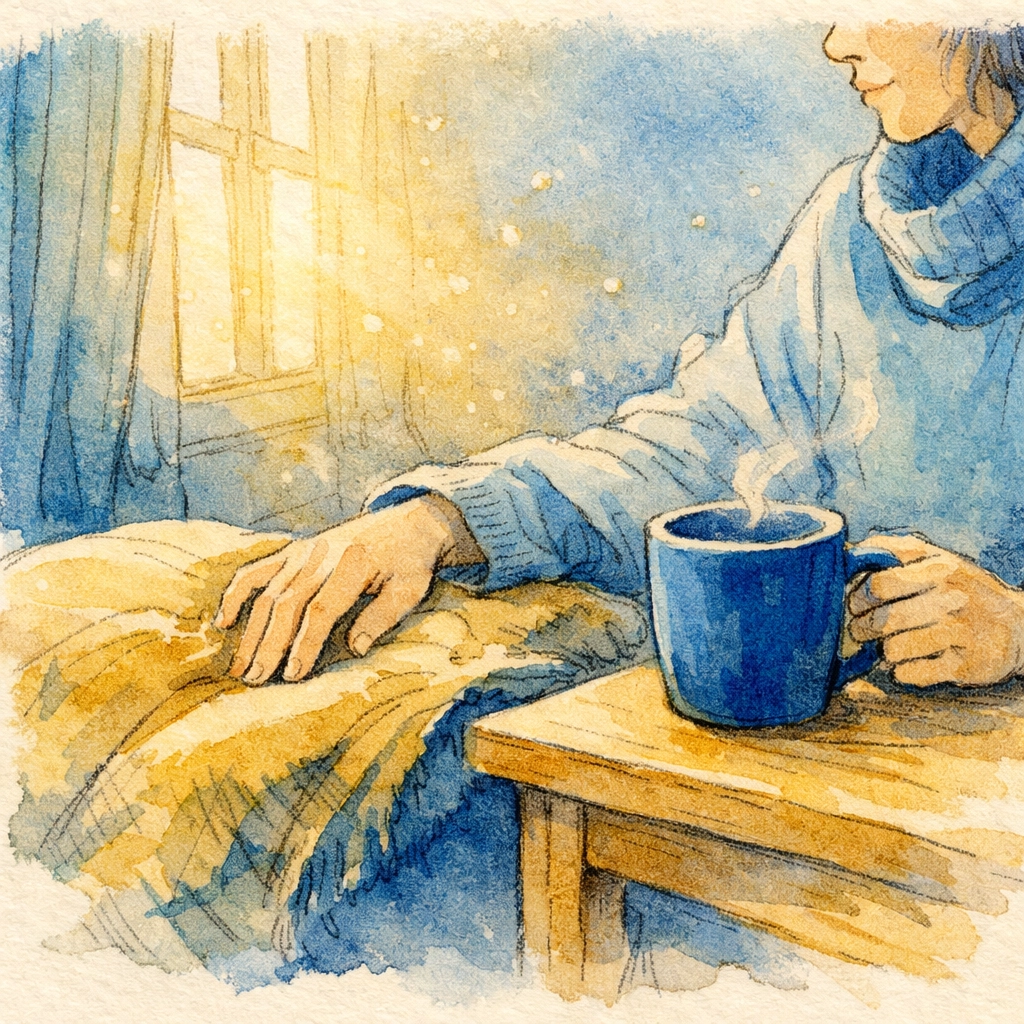 Person practicing sensory grounding technique with objects in peaceful room for anxiety relief