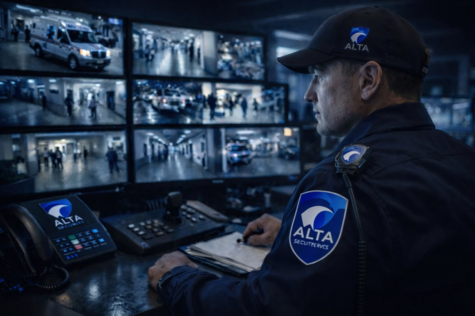 Security control room monitoring hospital cameras for workplace violence prevention