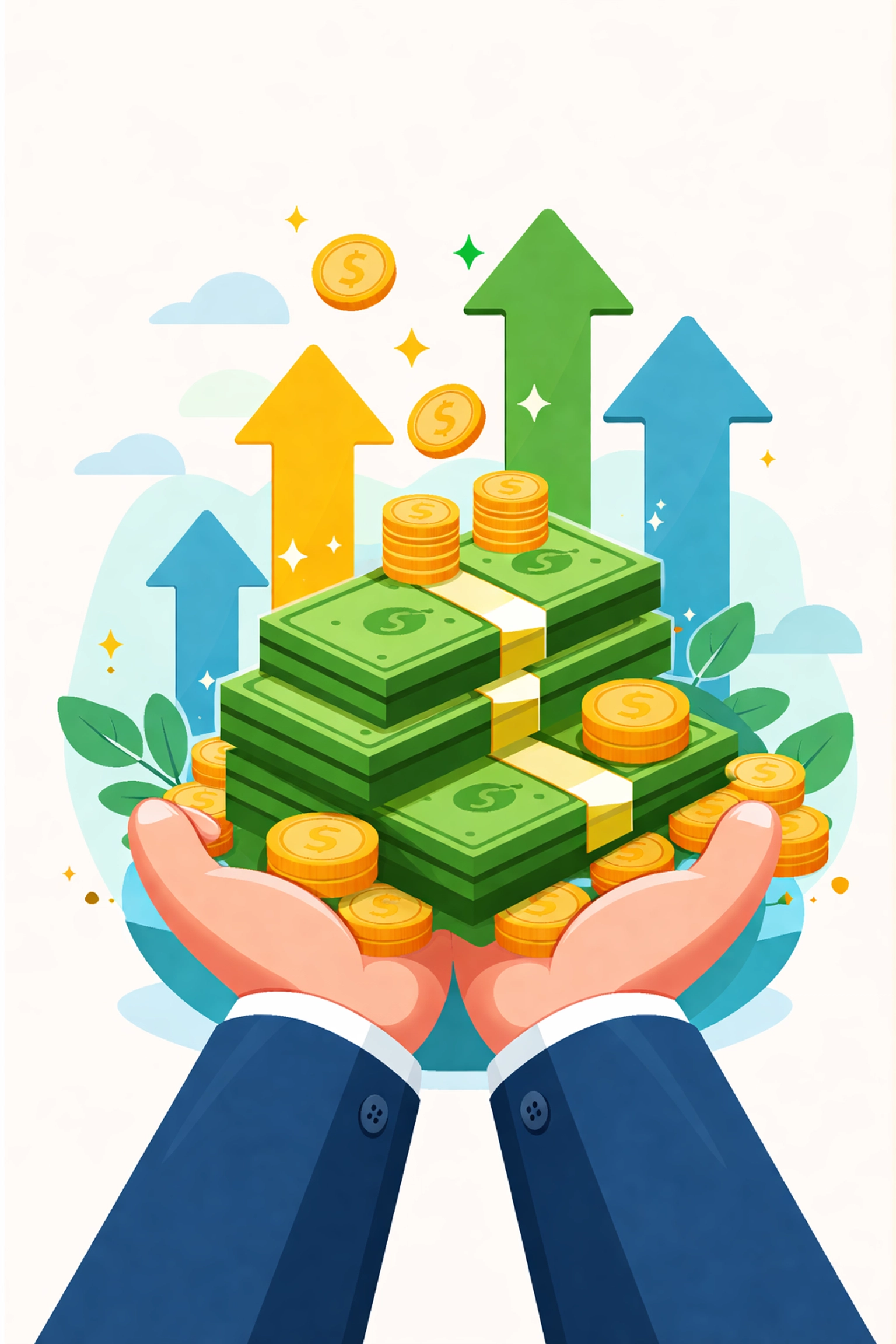 Hands holding a stack of cash with upward arrows, symbolizing tax refund optimization and financial planning in New Haven