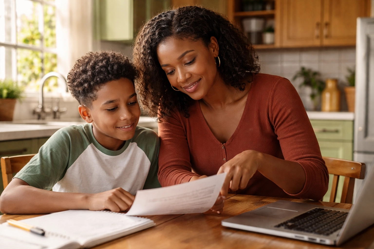 Black mother helps her son review FAST reading score report at their kitchen table