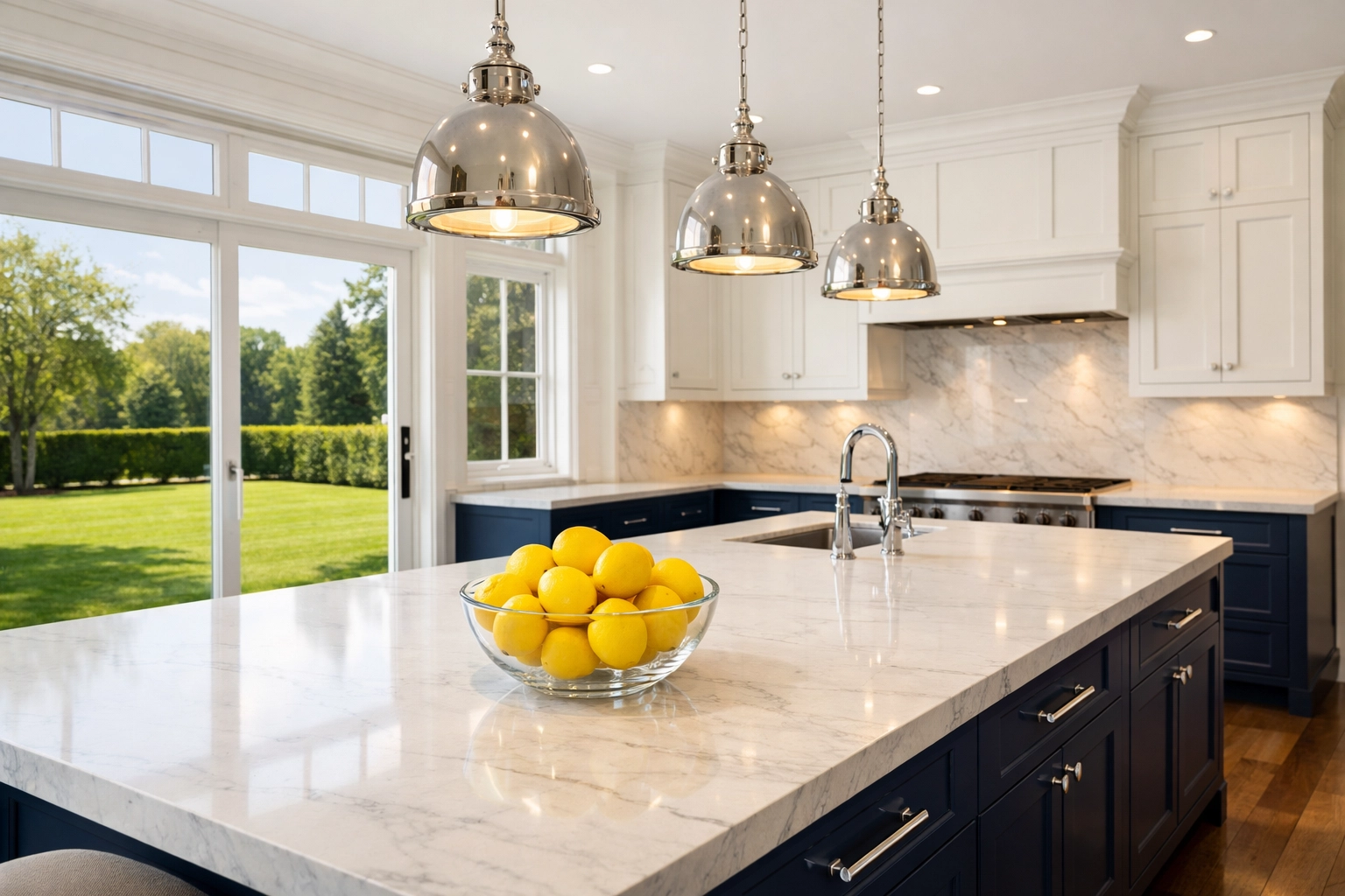 Clean luxury kitchen with marble countertops prepared by a move-in cleaning service in Massachusetts.