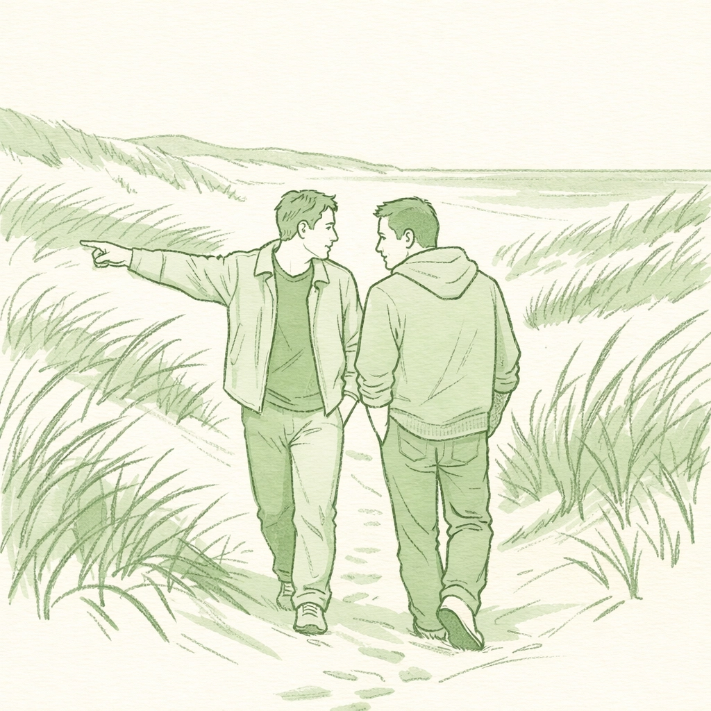 MM couple exploring Provincetown dunes at Herring Cove - intimate walk through beach grass