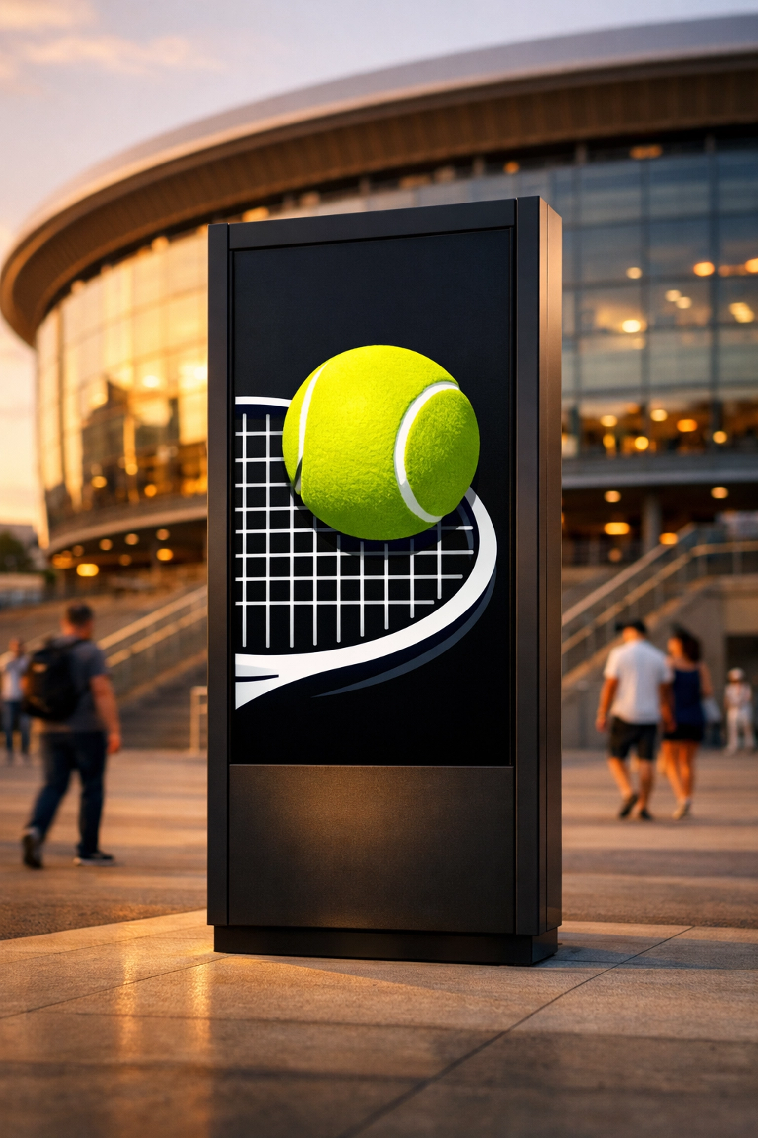 High-tech digital totem screen displaying tennis advertisements outside a modern sports stadium.