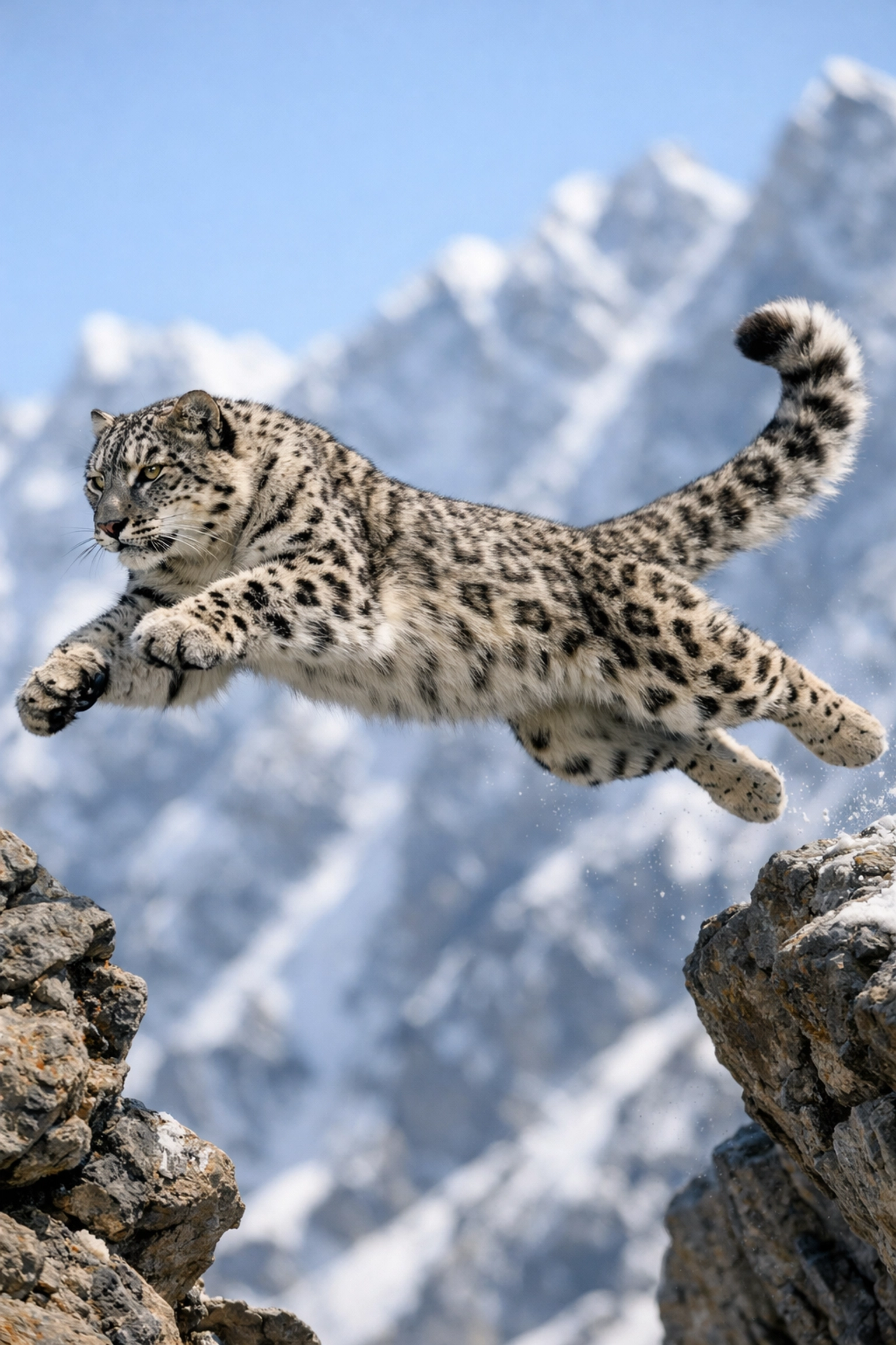 Sharp action shot of a snow leopard leaping, demonstrating high-quality animal photography for sponsor pages.