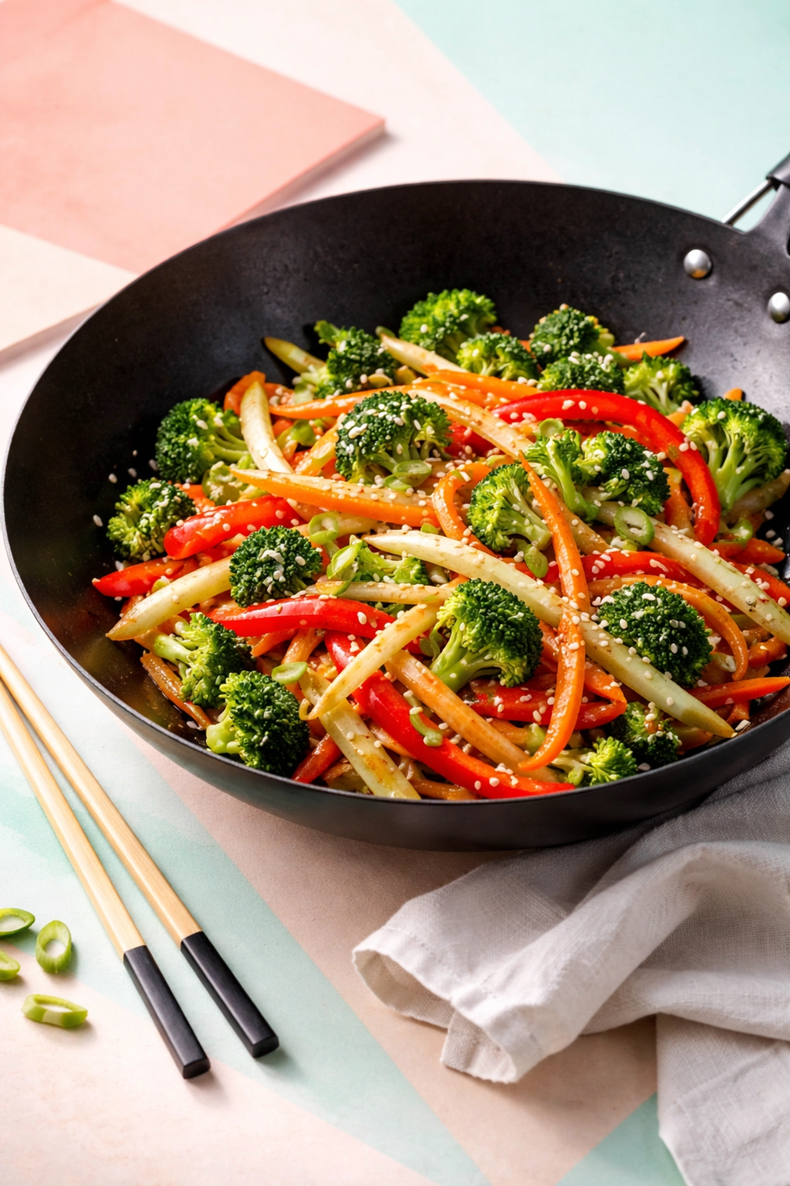 Colorful wok stir-fry with watermelon rind, carrots, peppers, and broccoli, showcasing a heart-smart meal idea.