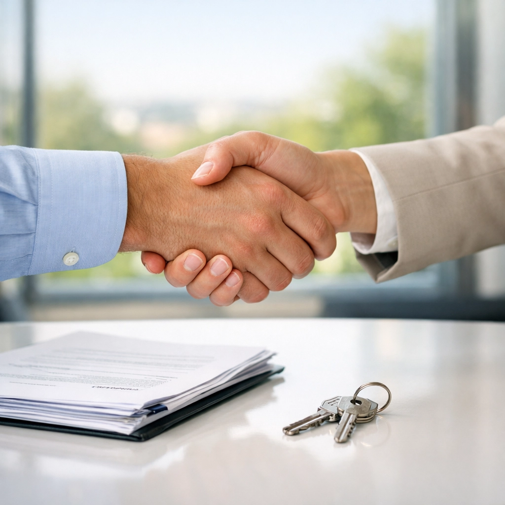 Professional handshake and keys representing a successful closing with a secure, marketable mobile home title.