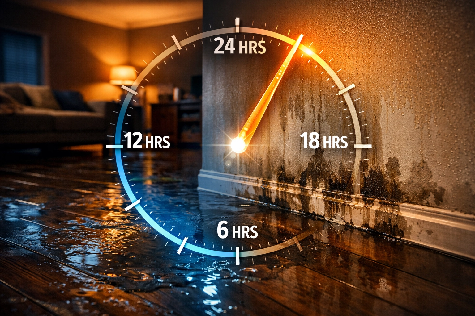 Water damage spreading through Montgomery County living room within 24 hours of flooding