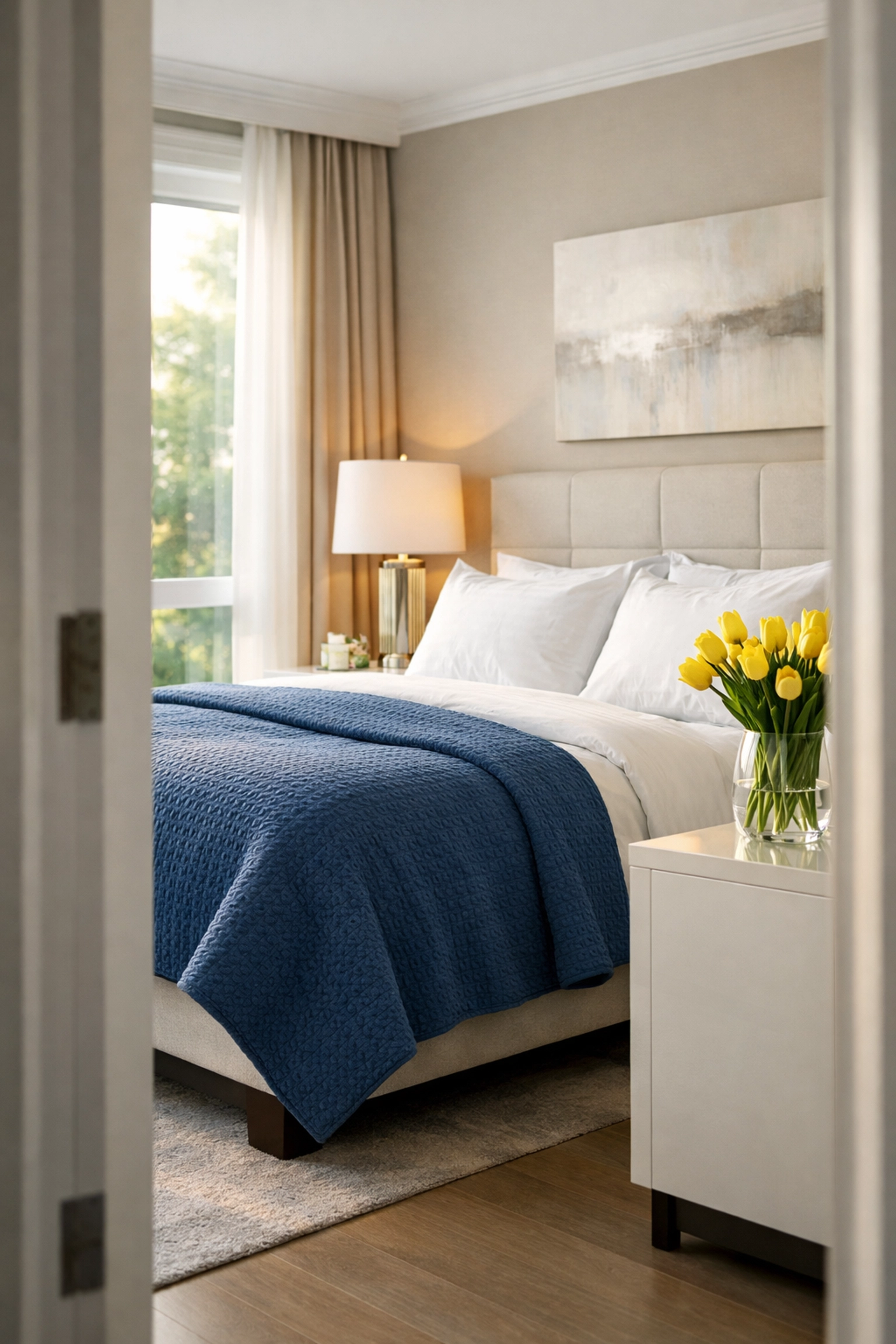 A serene, dust-free master bedroom showing the results of recurring MetroWest house cleaning services.