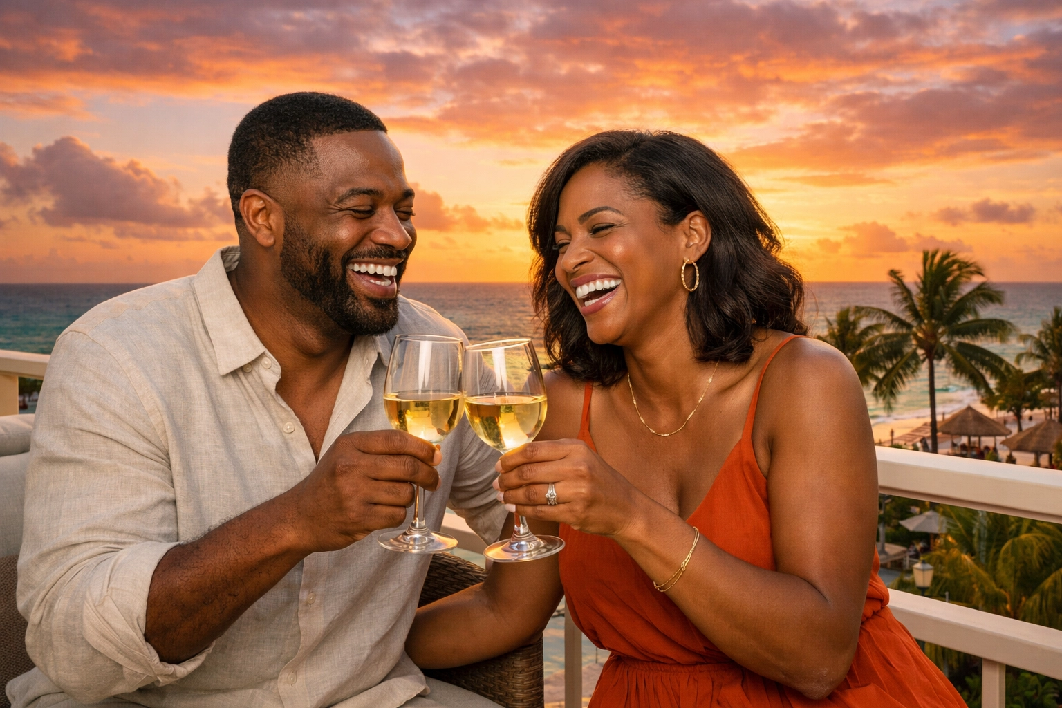 Couple enjoying a balcony sunset at Desire after a Lifestyle Resorts booking with an Omaha travel agent.