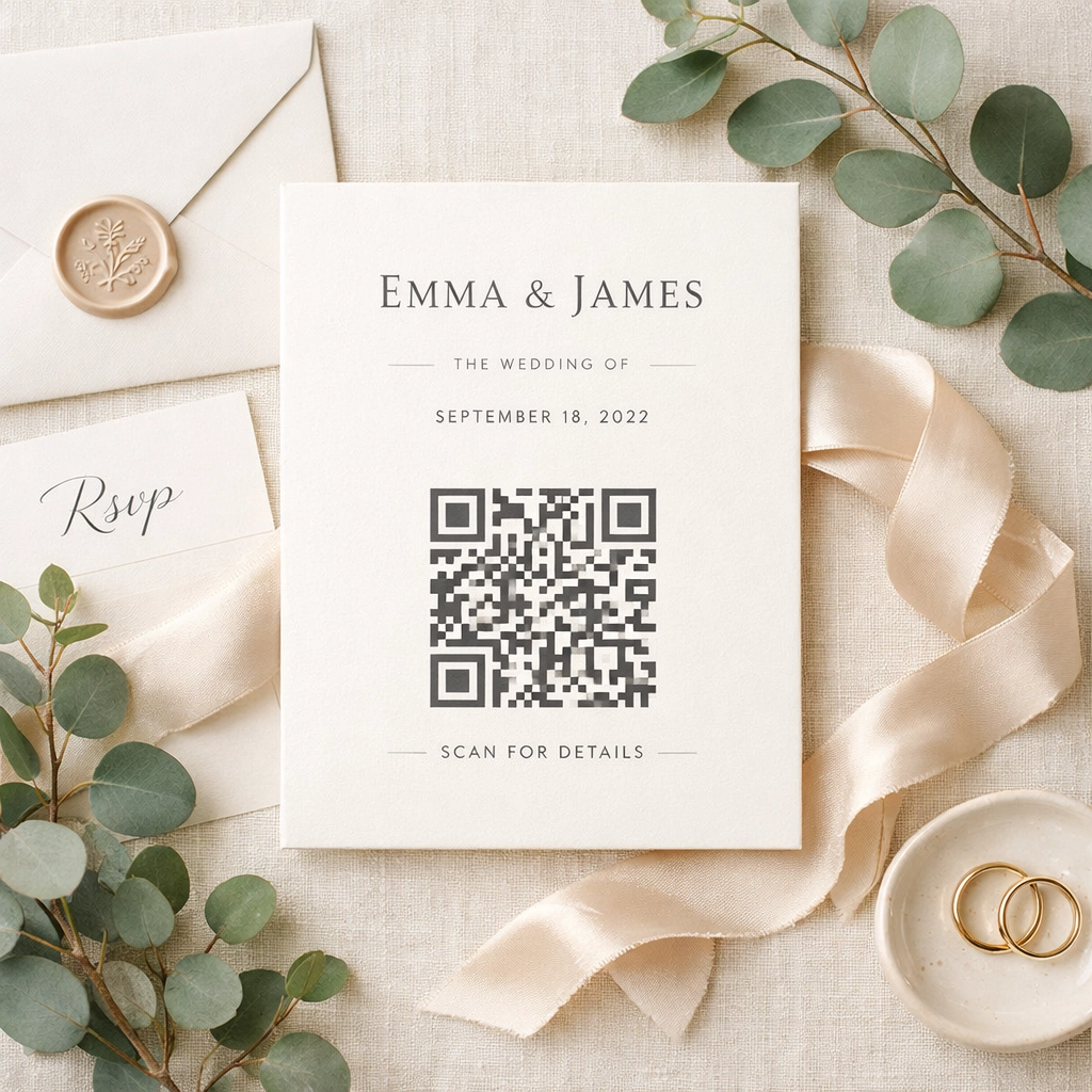 Elegant wedding invitation suite featuring a modern QR code for digital RSVPs.