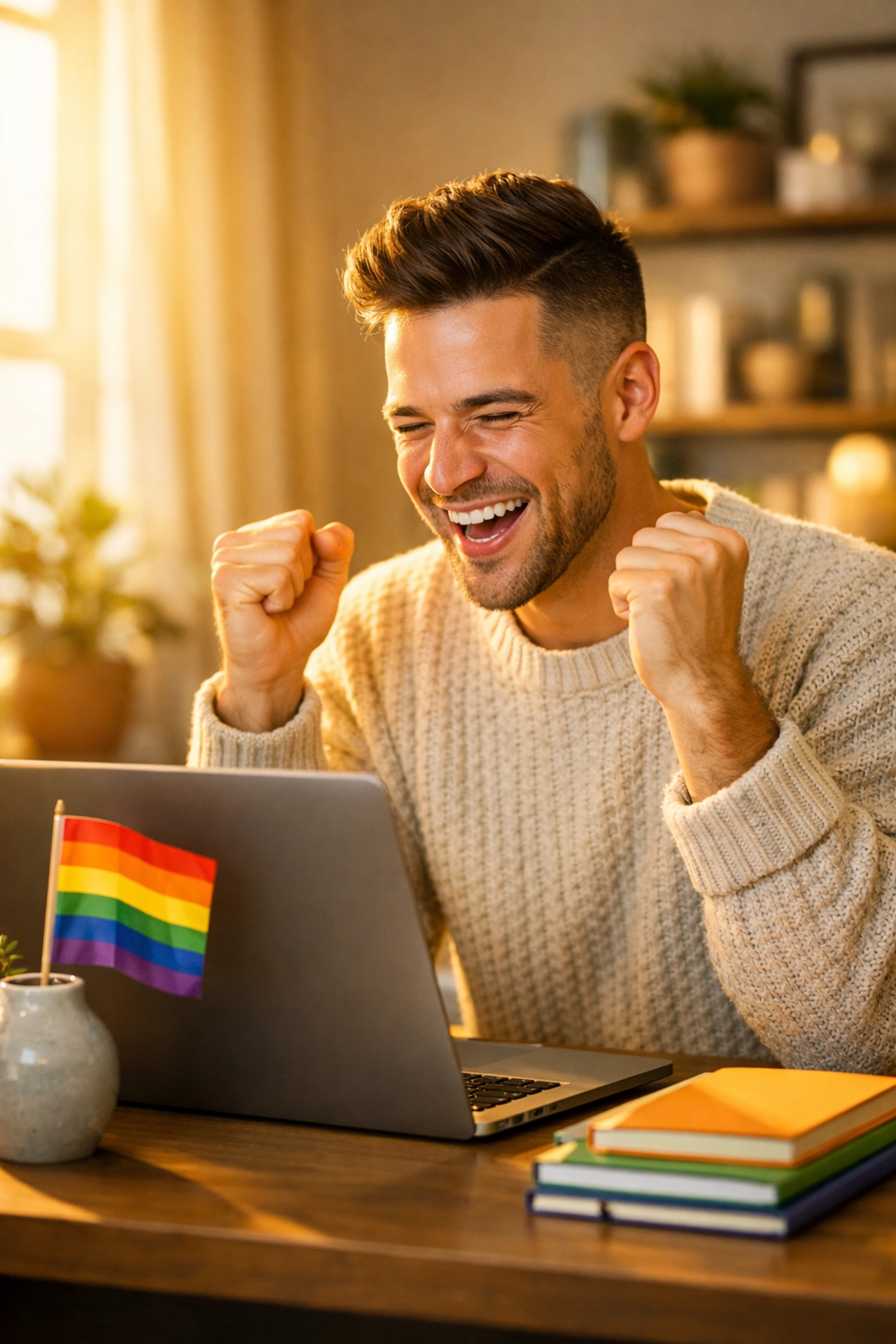 A joyful gay author celebrating at his desk after publishing a new MM romance ebook on Read with Pride.