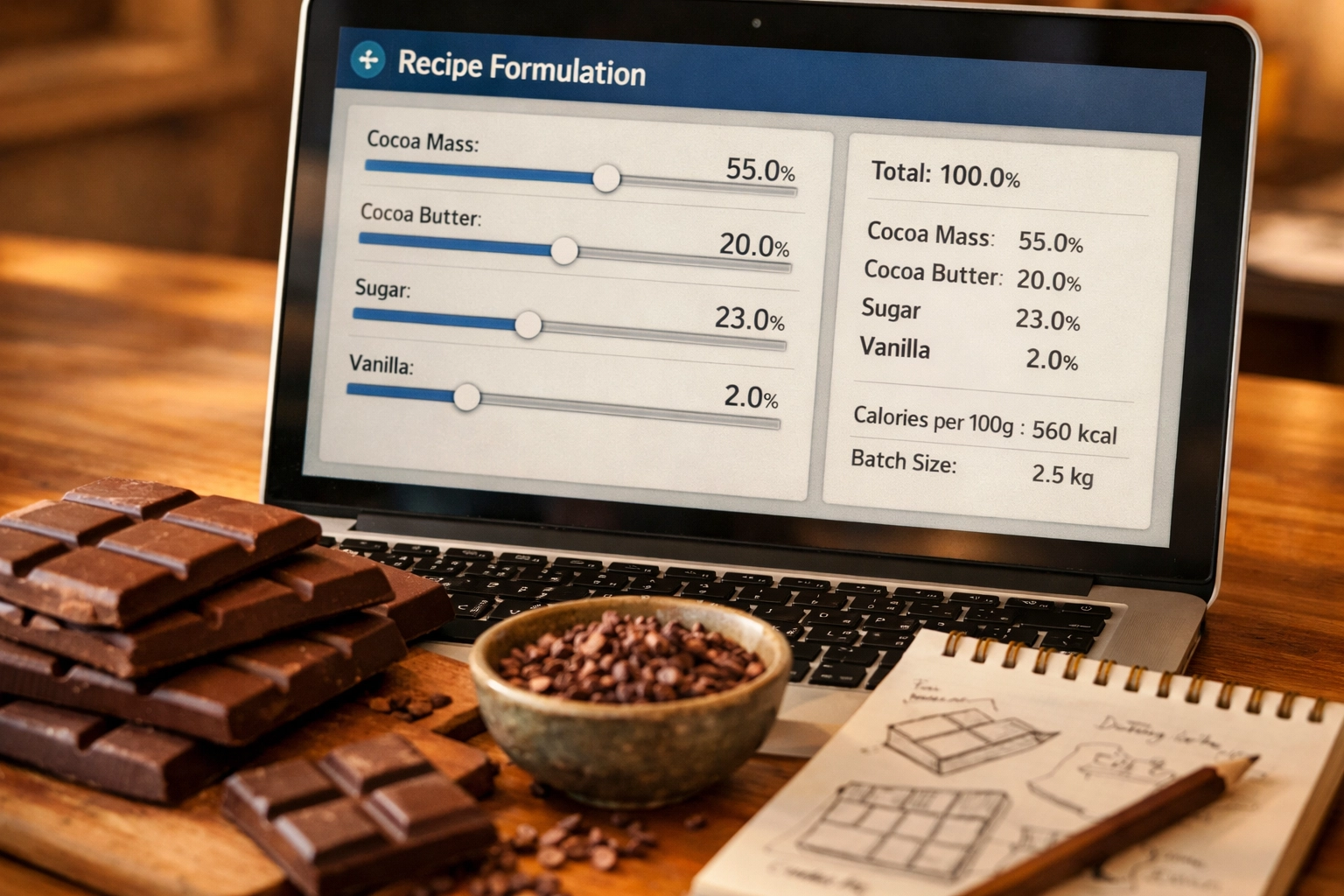 Chocolate recipe formulation tool on laptop with artisan chocolate bars and cacao nibs