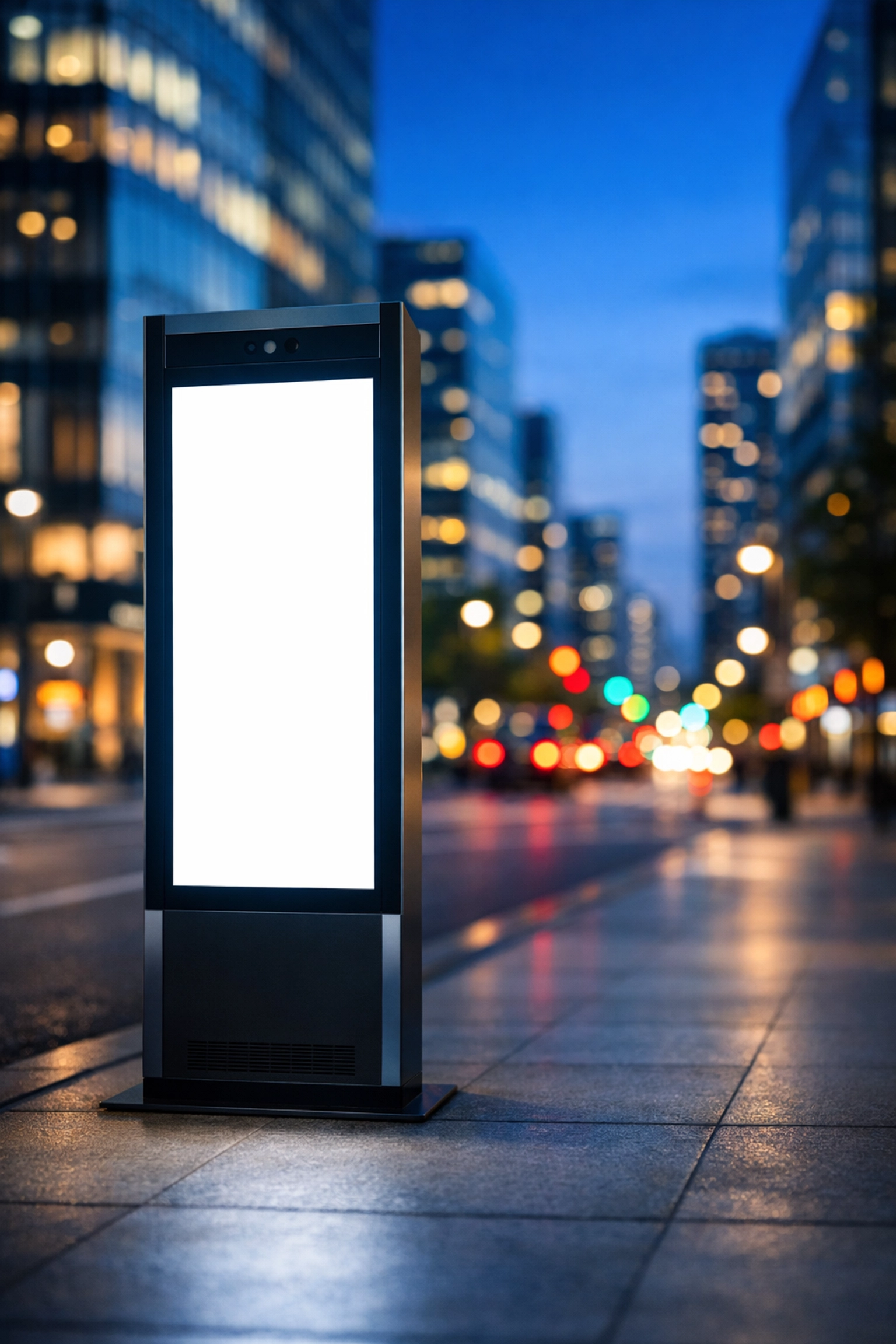 Interactive digital signage kiosk in a smart city environment showcasing modern IoT advertising solutions.