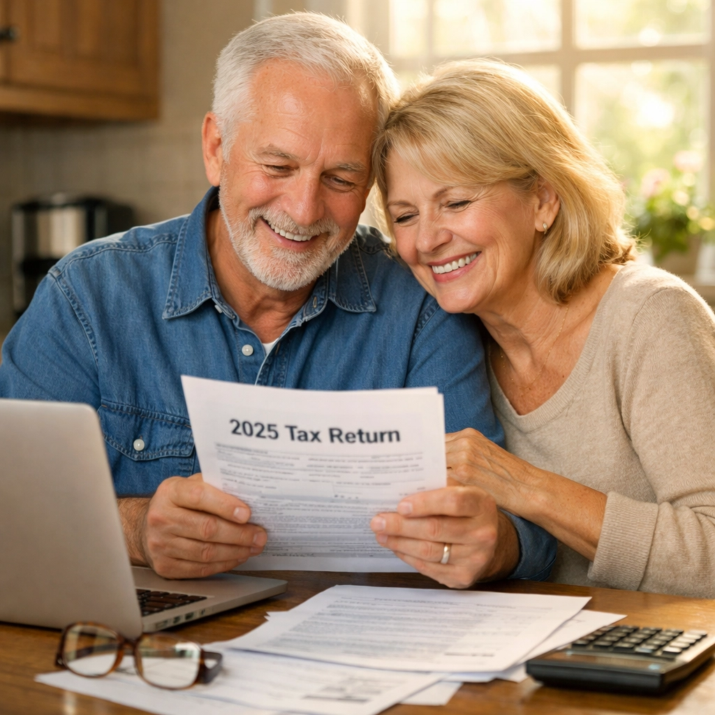 Senior couple reviewing 2025 tax returns for $6,000 senior bonus deduction