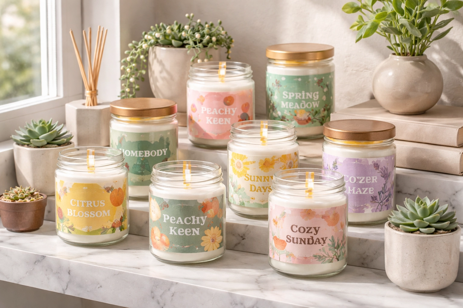 Artisanal funny candles with colorful labels styled on a marble shelf, perfect modern humorous home décor.