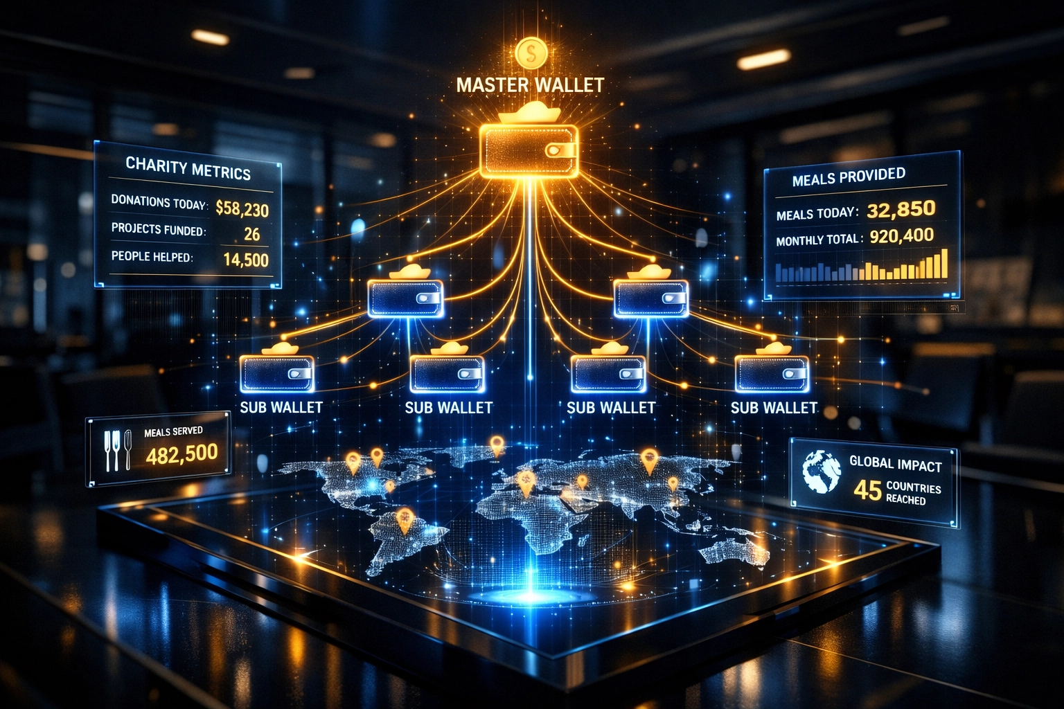 Enterprise master wallet dashboard showing charity impact metrics and sub-wallet structure for businesses