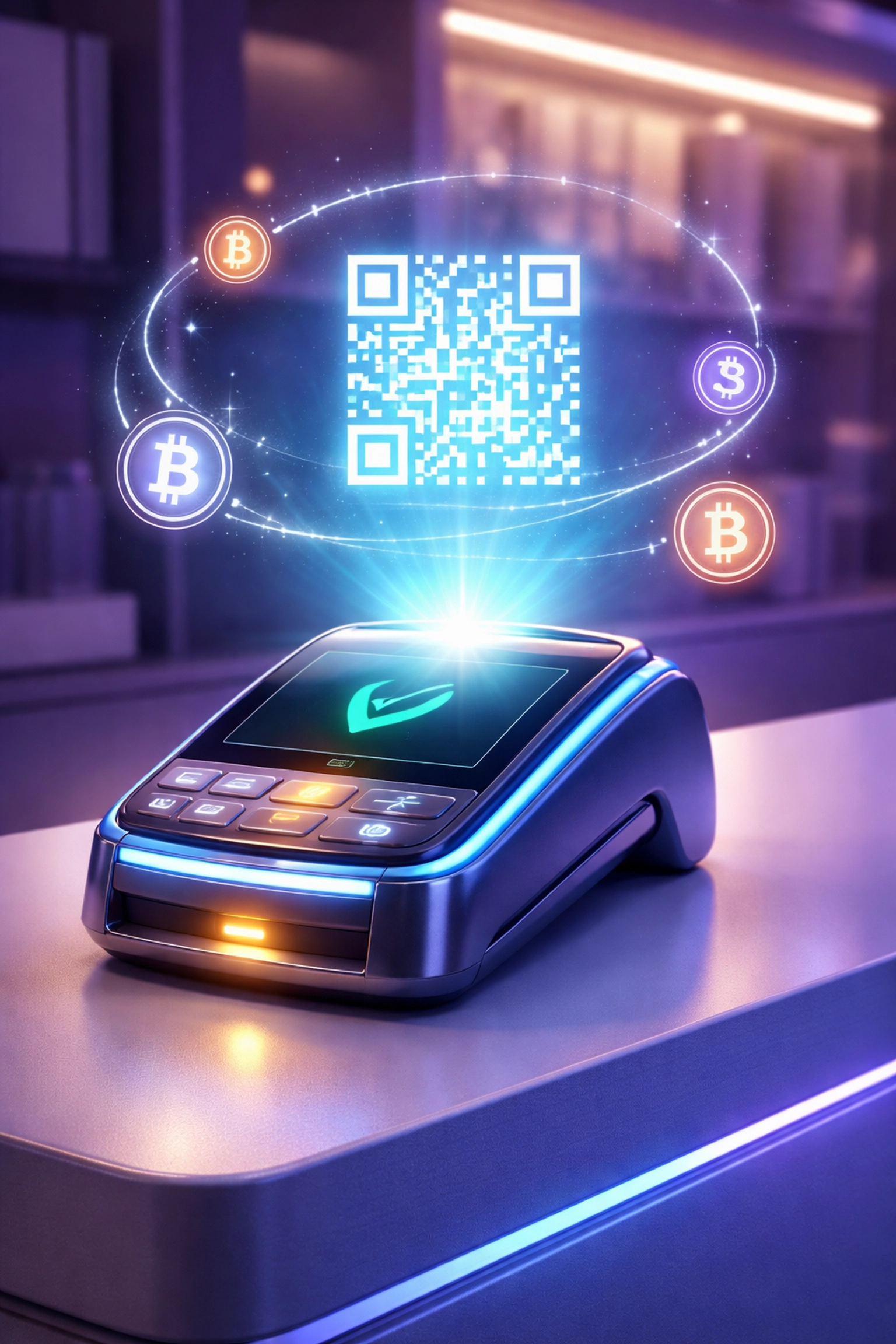 Futuristic crypto point-of-sale terminal enabling seamless stablecoin payments for small business merchants