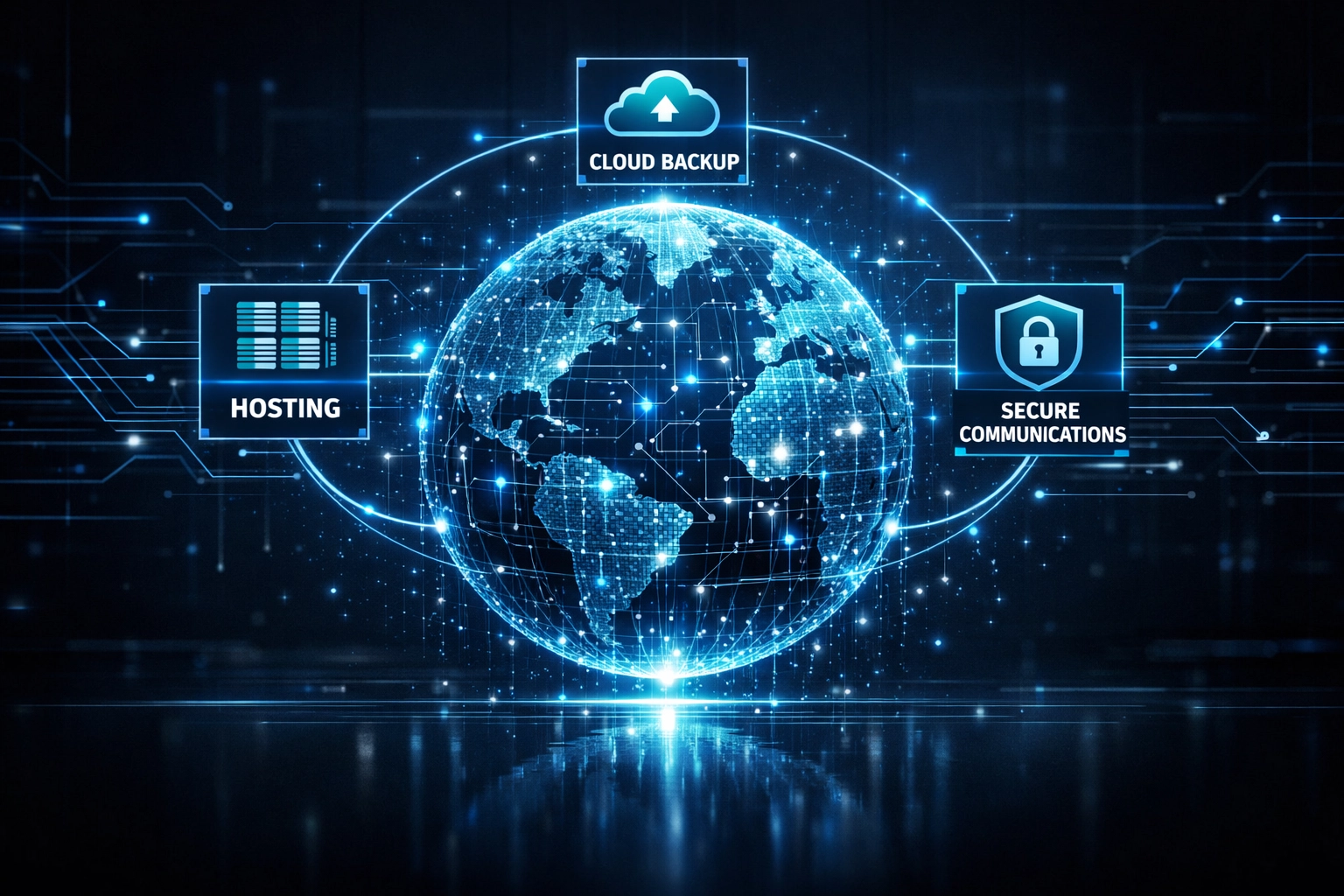 A global network of interconnected digital services representing a unified IT infrastructure and managed hosting.