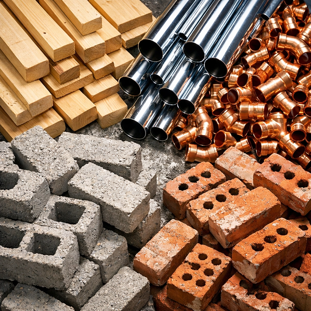 Separated recyclable materials including timber, metal pipes, concrete and bricks for skip hire