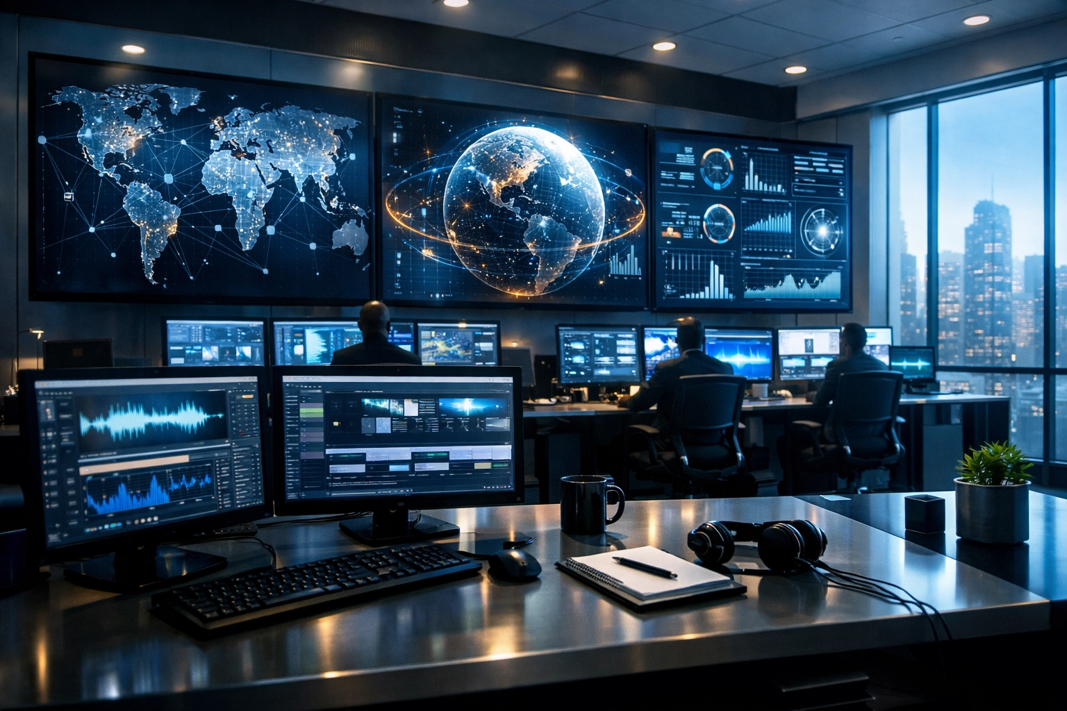 Modern media operations center tracking real-time analytics for Dakdan's sponsorship activation and ROI model.