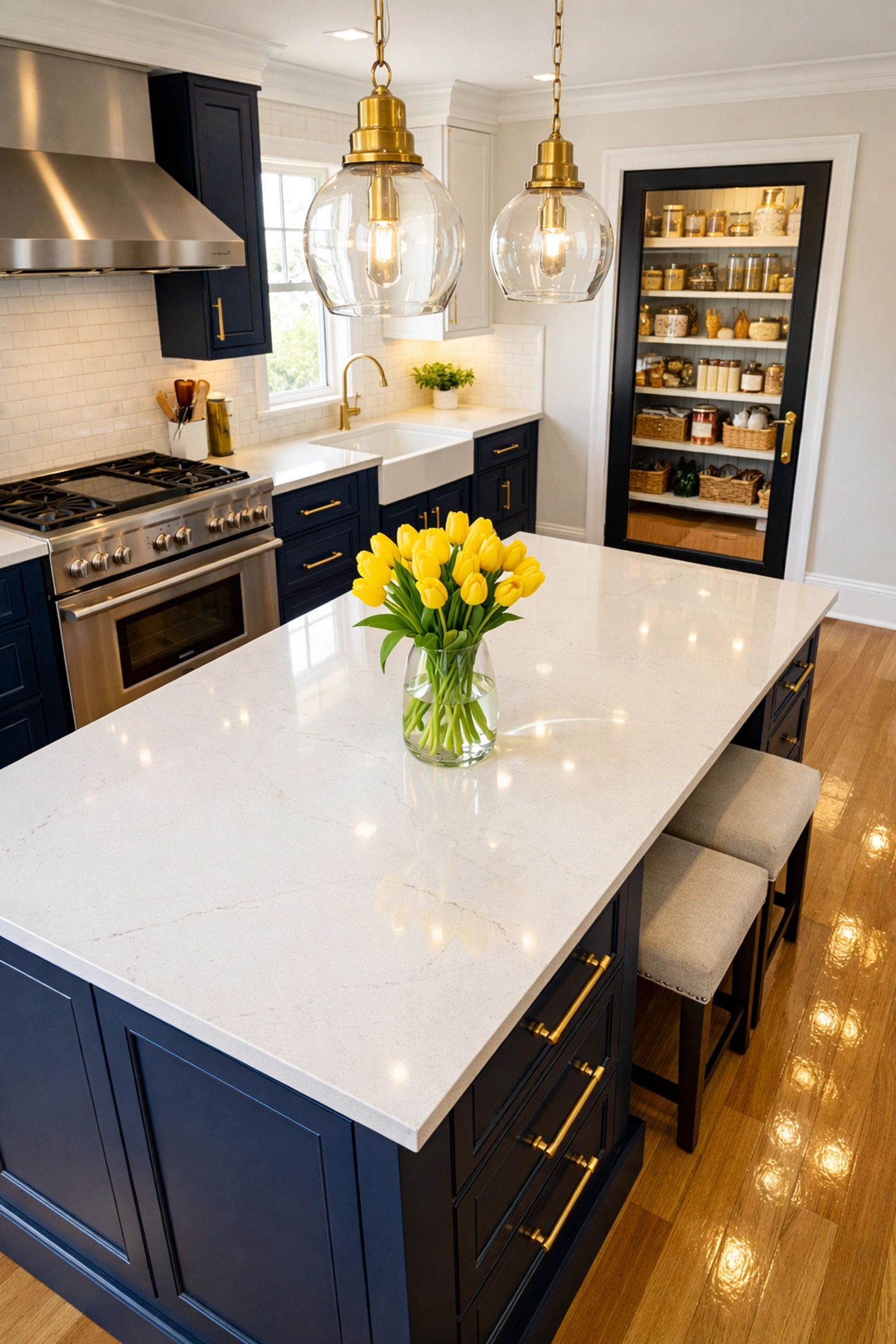 Pristine luxury kitchen with white countertops, reflecting top-tier weekly house cleaning in Shrewsbury.