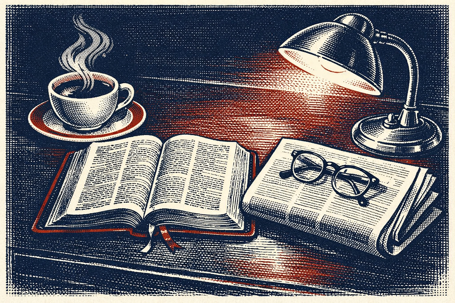 Peaceful newsroom desk with Bible, coffee, and newspaper for Christ-centered news reading