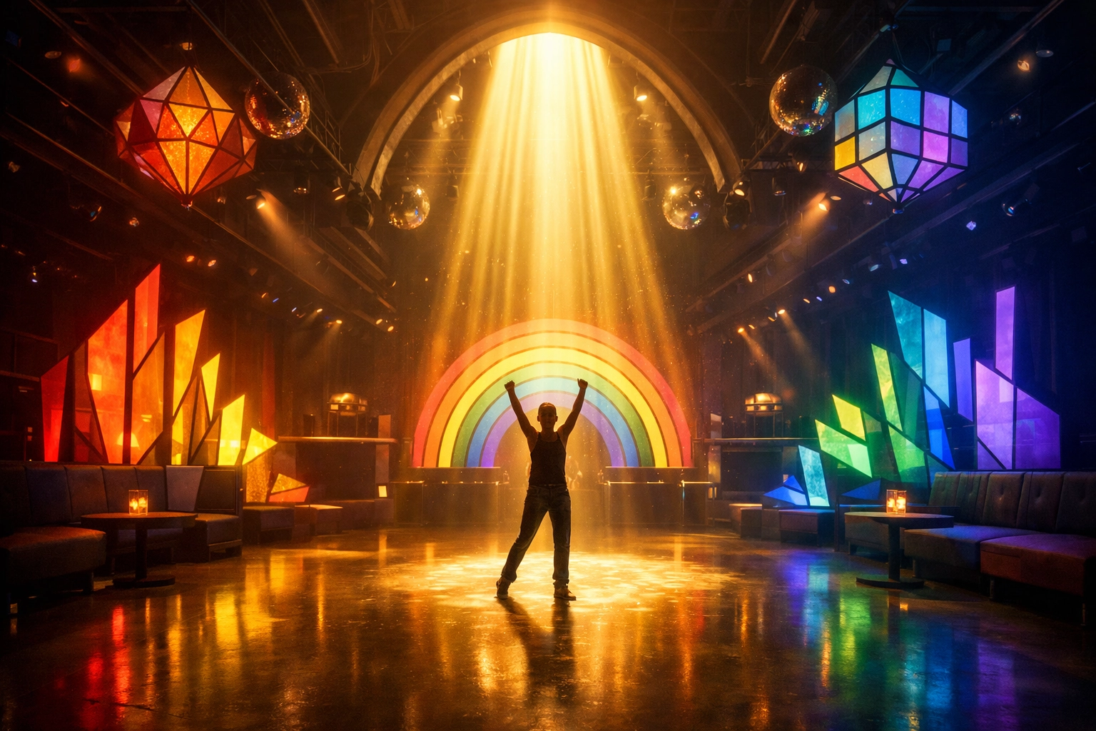 Nightclub sanctuary with lone dancer in spotlight - LGBTQ+ safe space and self-acceptance