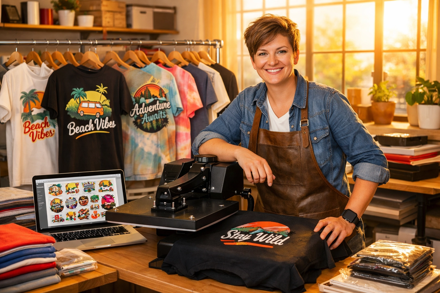 Small business owner with heat press and custom printed t-shirts in studio