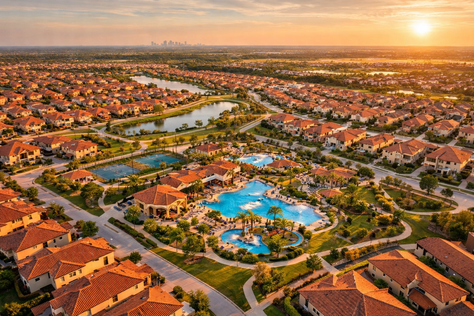 Aerial view of Houston master-planned community with new construction homes and amenities