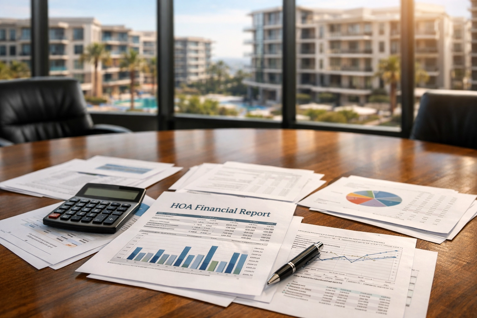 HOA financial documents and special assessment reports on conference table for South Bay condo buyers